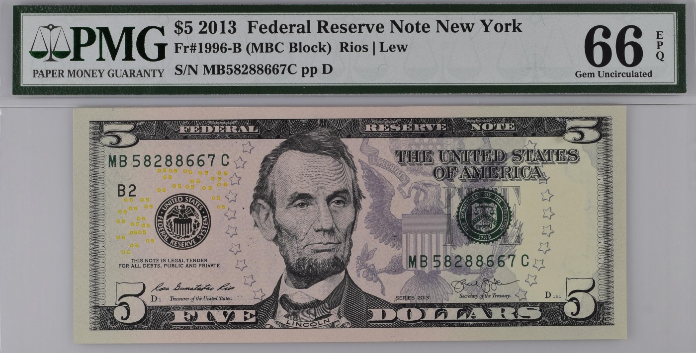 美元专场 彩色初版MB58288667C 5美元绿库印联邦券Federal Reserve Note New York, $5 2013 Small Size