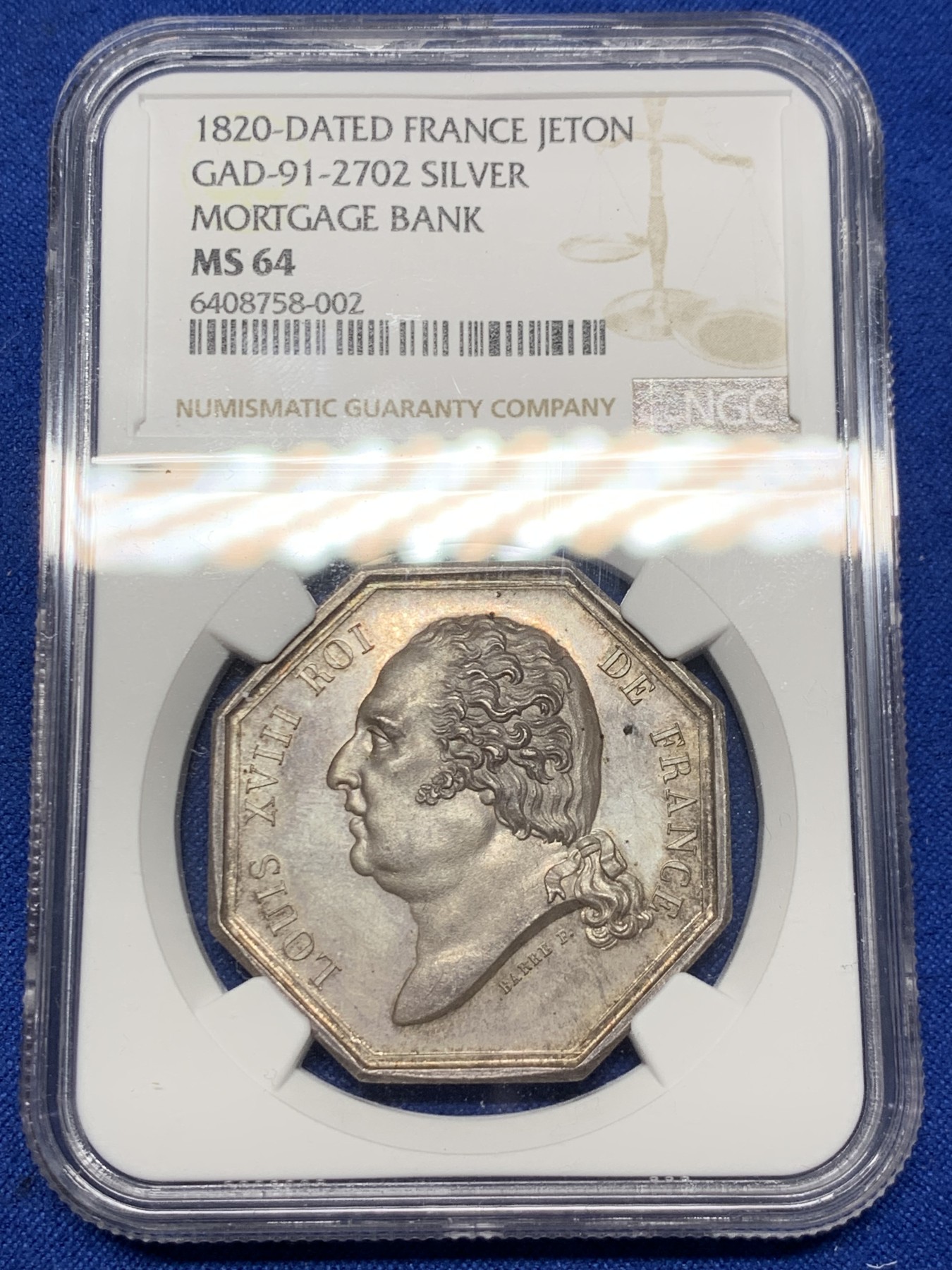 《竞宝斋》第262场-周日，周一，周二 3场连拍 (全场包邮) NGC MS64 法国1820年路易十八 抵押贷款银行八角银质jeton