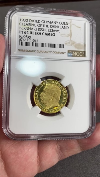 万国钱币拍卖第024期（诸神之战） NGC PF64UC 1930年德国魏玛共和国兴登堡总统纪念莱茵兰非军事区提前回归金章 精致喷砂顶级品相 6.05G