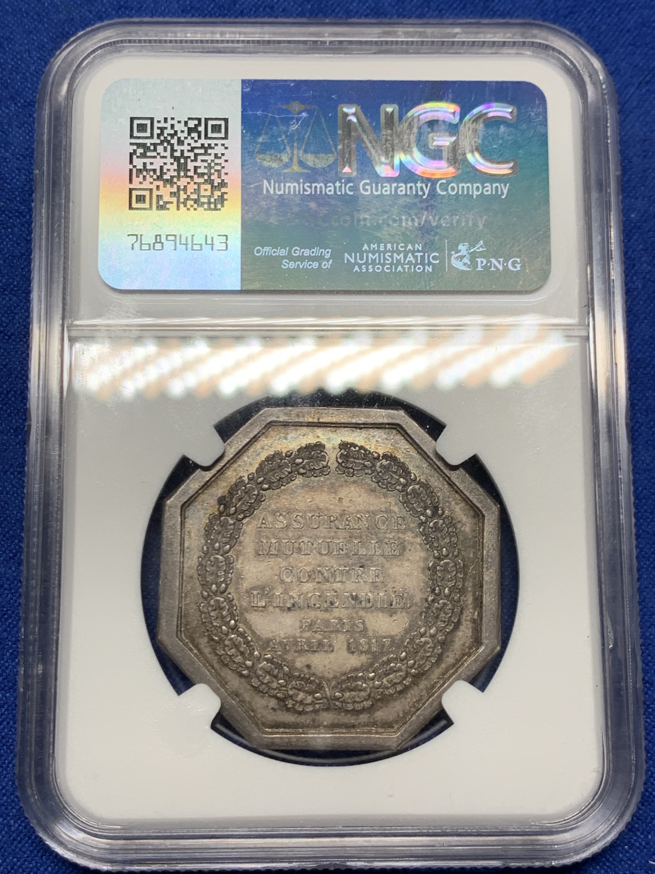 《竞宝斋》第262场-周日，周一，周二 3场连拍 (全场包邮) NGC AU58 法国1818年巴黎火灾保险公司八角银jeton，原味小火龙