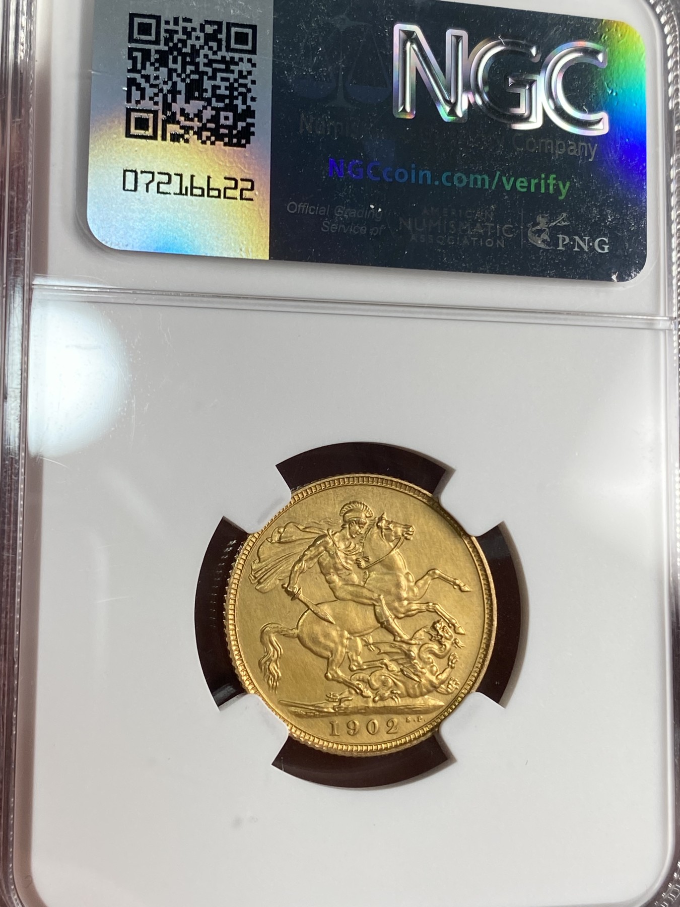 万国钱币拍卖第024期（诸神之战） NGC PF61 1902英国爱德华七世索维林金币 发行量仅15000枚，7.96g，917金。
