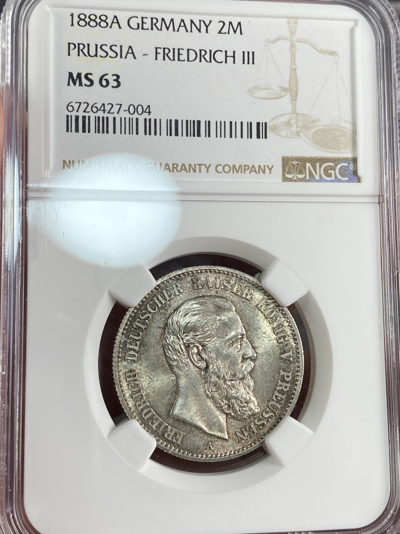 万国钱币拍卖第024期（诸神之战） NGC MS63 1888普鲁士弗三短翅2马克银币 原光原味。