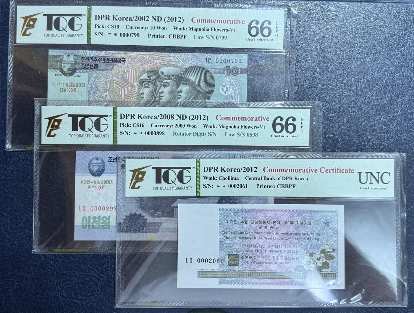 收藏联盟Quantum Auction 第340期拍卖  朝鲜2012年5-5000元金日成诞辰100周年纪念（含证书） TQG 65-66 GEPQ/D 多数为百位号 个别全同号，倒置号 细节如图