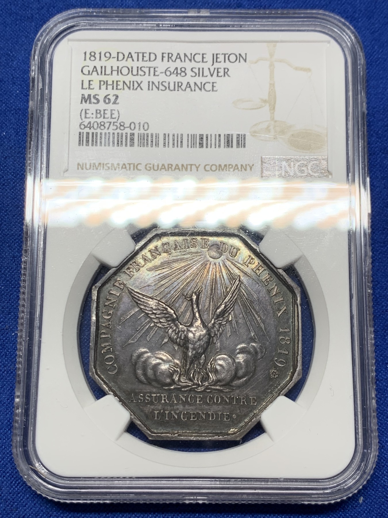 《竞宝斋》第262场-周日，周一，周二 3场连拍 (全场包邮) NGC MS62 法国凤凰火灾保险公司八角银质jeton