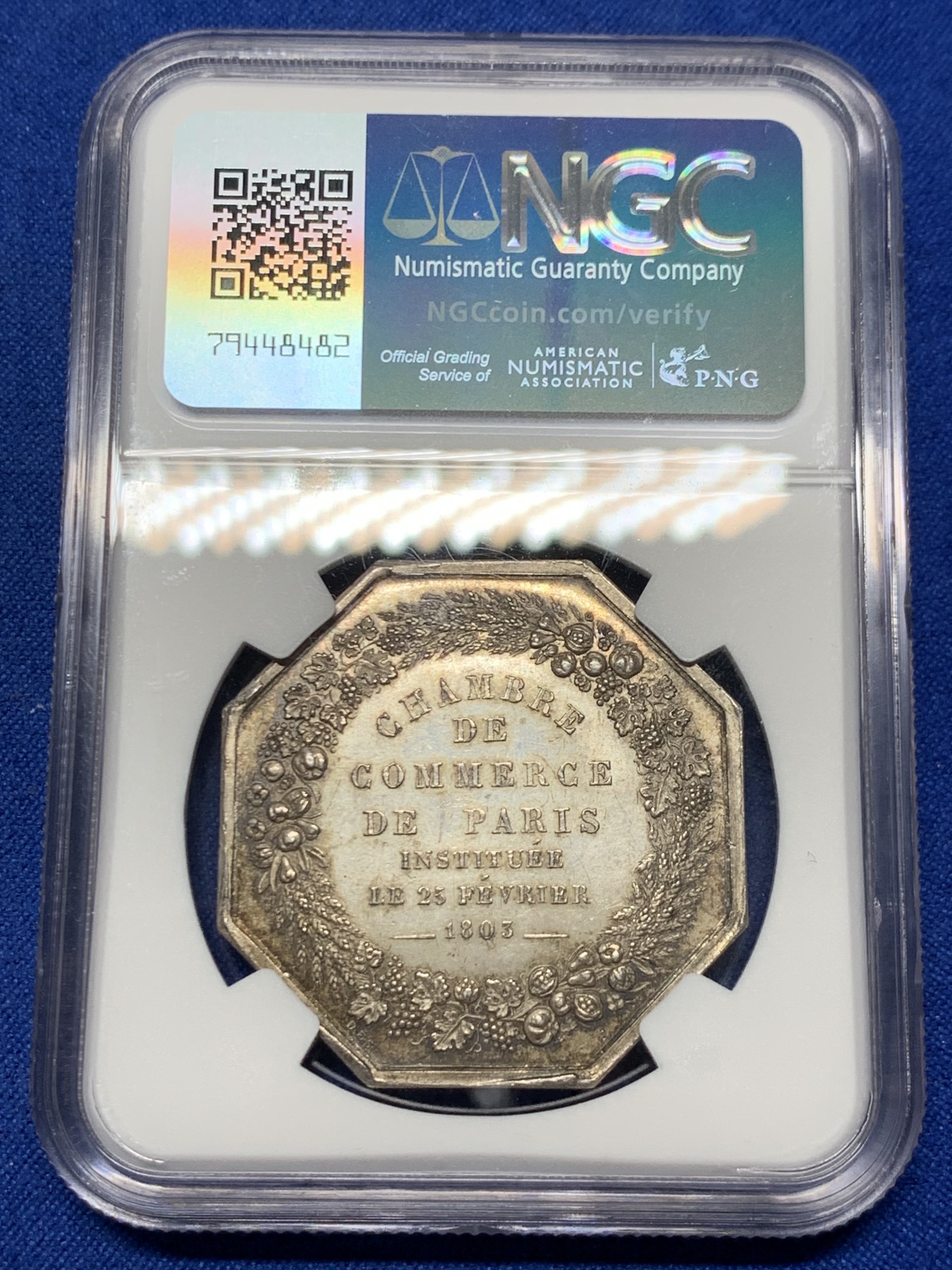 《竞宝斋》第262场-周日，周一，周二 3场连拍 (全场包邮) NGC-MS64 法国1803年巴黎商会JETON银质八角，漂亮的双丰饶角和巴黎市徽