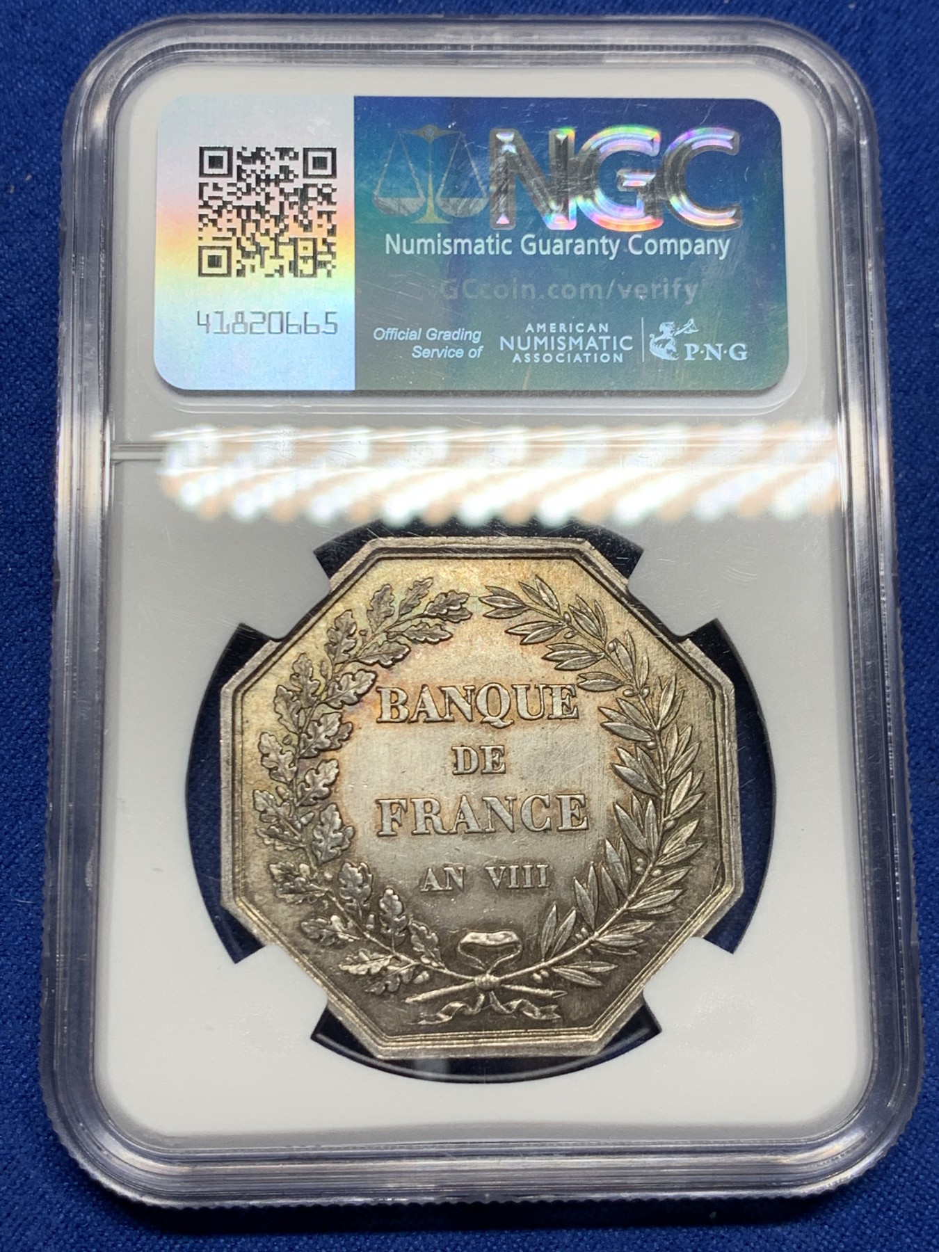 《竞宝斋》第262场-周日，周一，周二 3场连拍 (全场包邮) NGC MS64 法国法兰西银行八角银质代币，丰饶角边铭，19世纪后铸