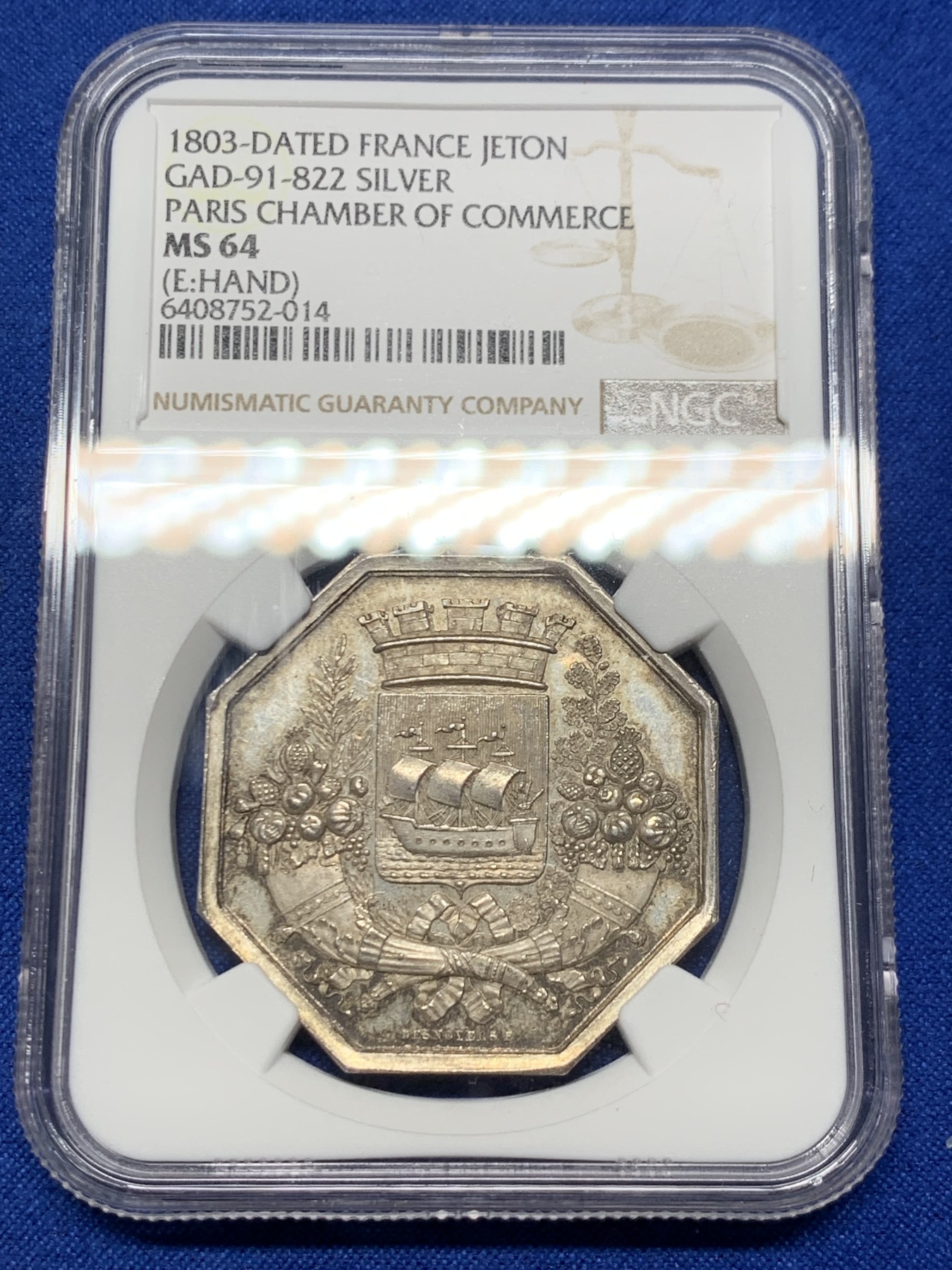 《竞宝斋》第262场-周日，周一，周二 3场连拍 (全场包邮) NGC-MS64 法国1803年巴黎商会JETON银质八角，漂亮的双丰饶角和巴黎市徽