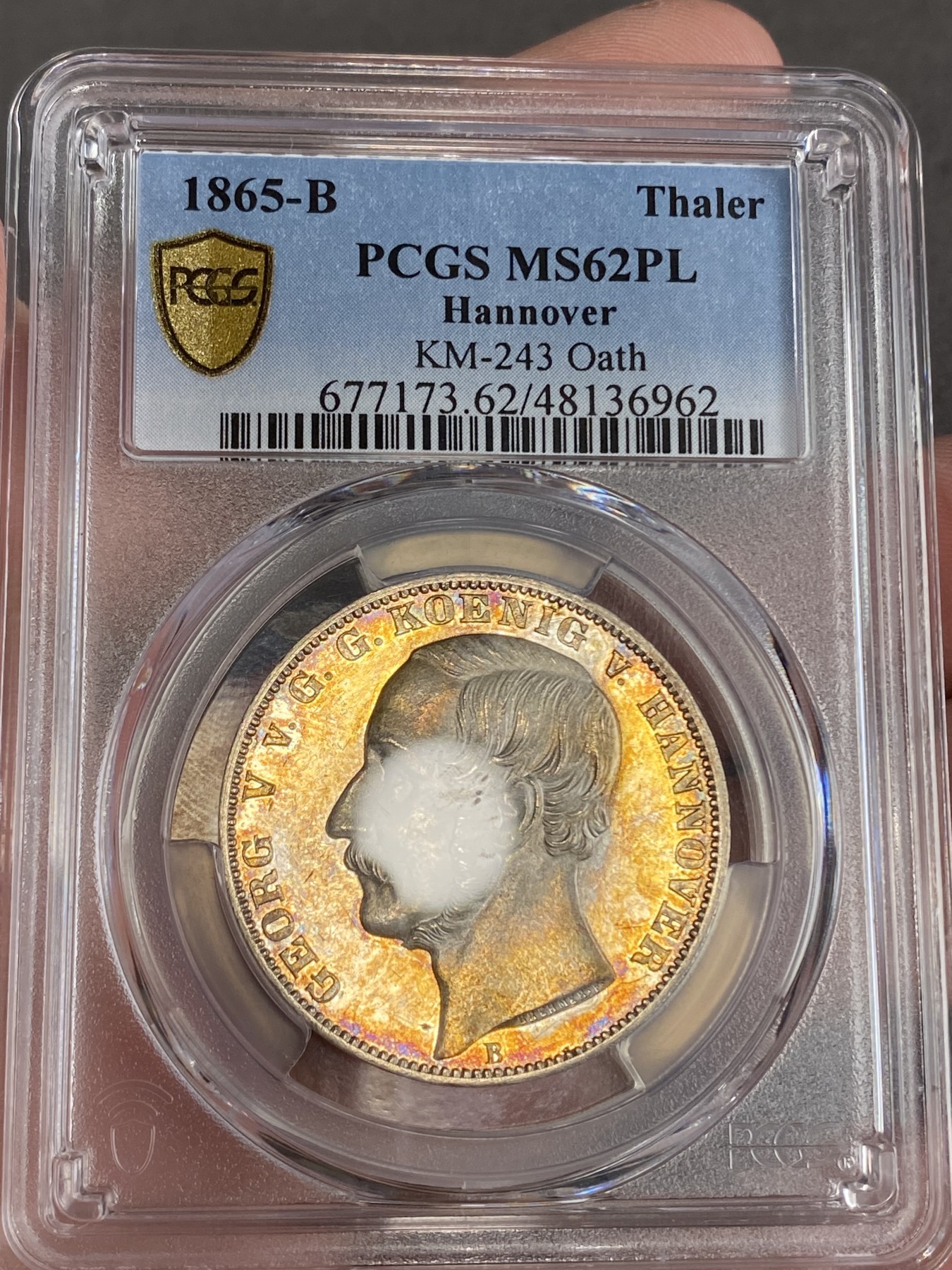 万国钱币拍卖第024期（诸神之战） PCGS MS62PL 1865年德国汉诺威橡树箴言1泰勒 近几年很难再见到BU品质 2000的发行量使得大部分高品都被珍藏住 此枚浑身金彩 高点锋利如刀 绝对是一枚亦藏亦赏亦玩的选择