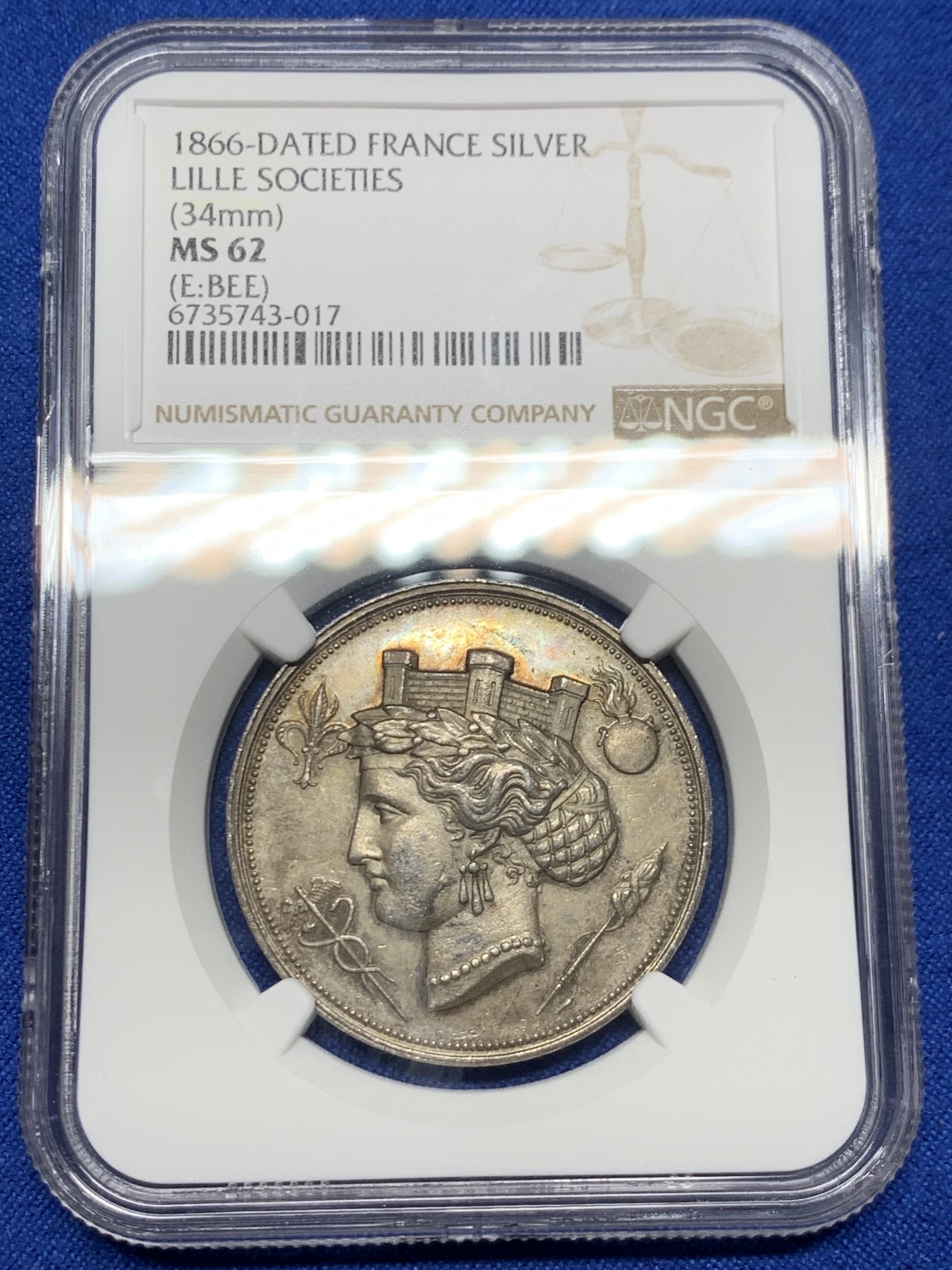 《竞宝斋》第262场-周日，周一，周二 3场连拍 (全场包邮) NGC MS62 法国1866里尔协会圆形银质代币 蜜蜂边铭