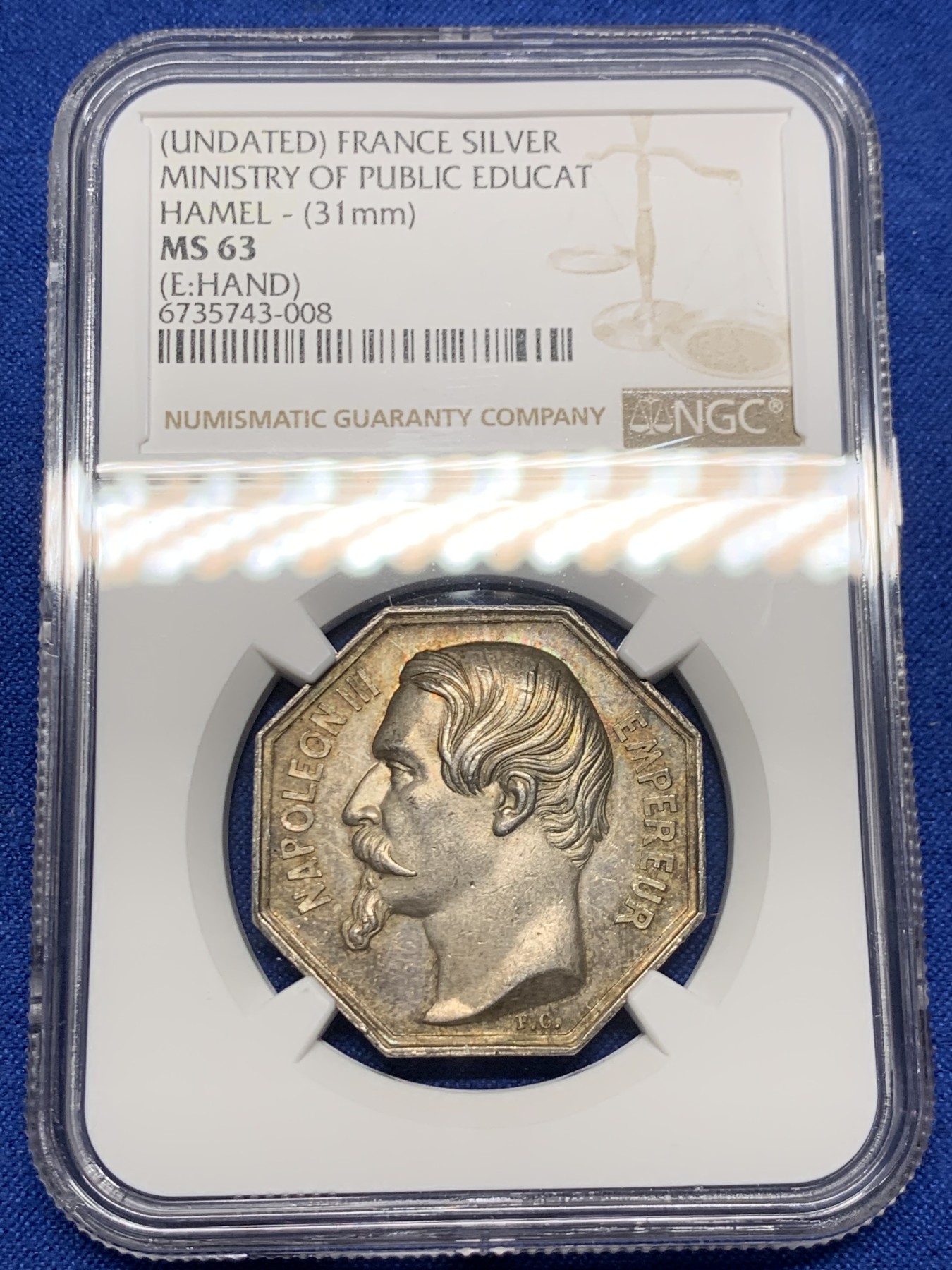 《竞宝斋》第262场-周日，周一，周二 3场连拍 (全场包邮) NGC MS63 法国拿破仑三世头像公共教育部八角银质代币 手指边铭