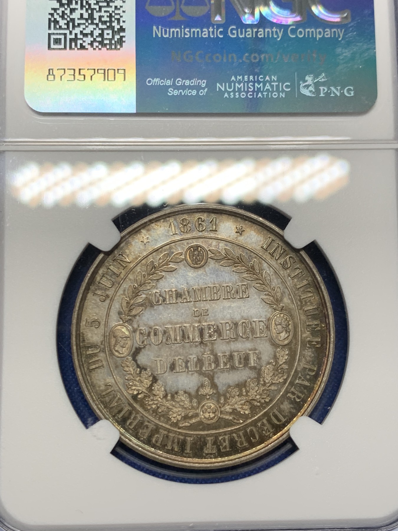 《竞宝斋》第262场-周日，周一，周二 3场连拍 (全场包邮) NGC MS64 法国埃尔伯夫商会银质jeton