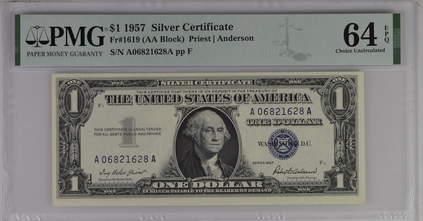 美元专场 AA首发冠A06821628A 1美元蓝库印银圆券Silver Certificate, $1 1957 Small Size
