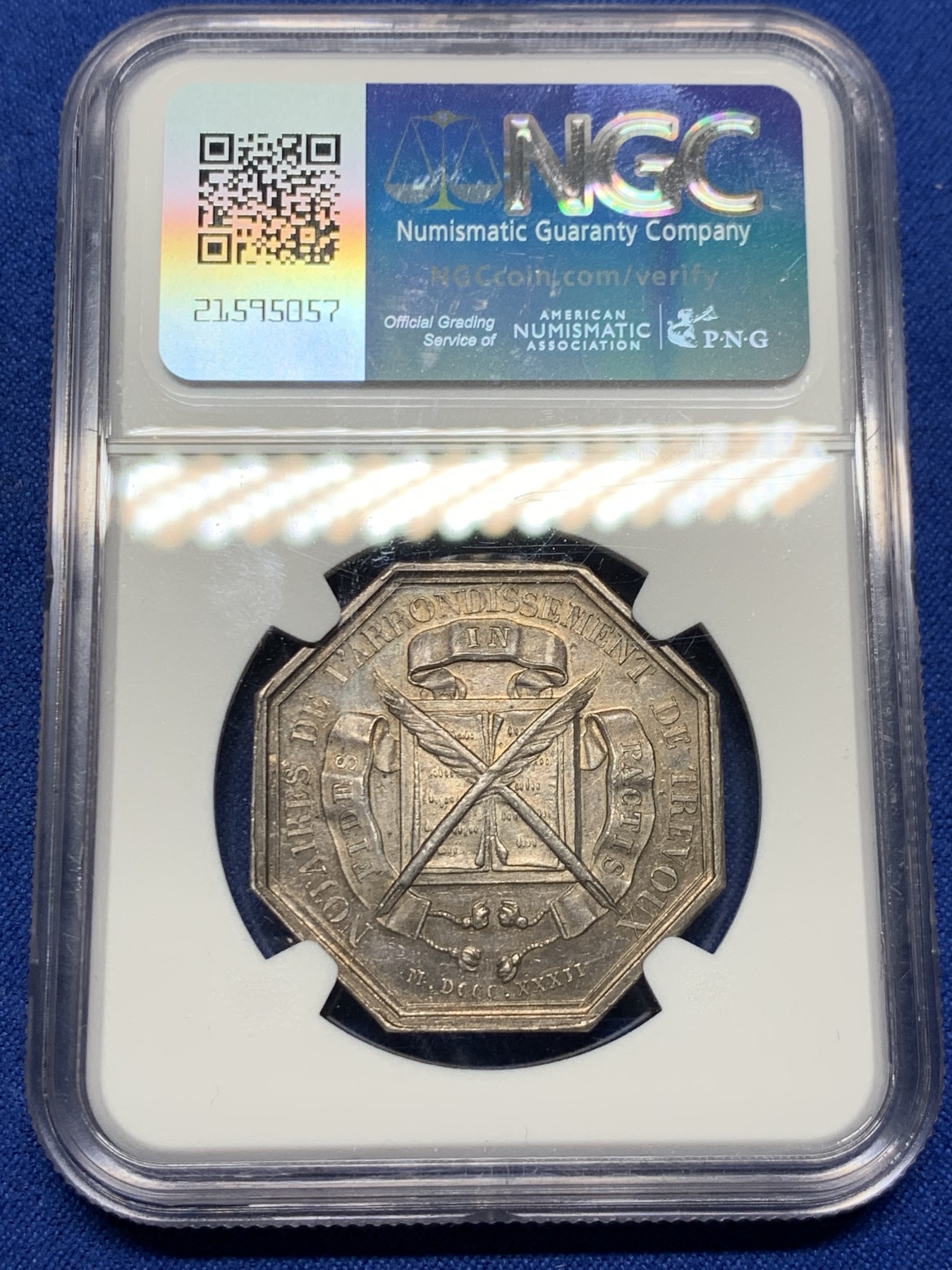 《竞宝斋》第262场-周日，周一，周二 3场连拍 (全场包邮) NGC MS61 法国1832特雷武公证人八角银质代币 丰饶角边铭