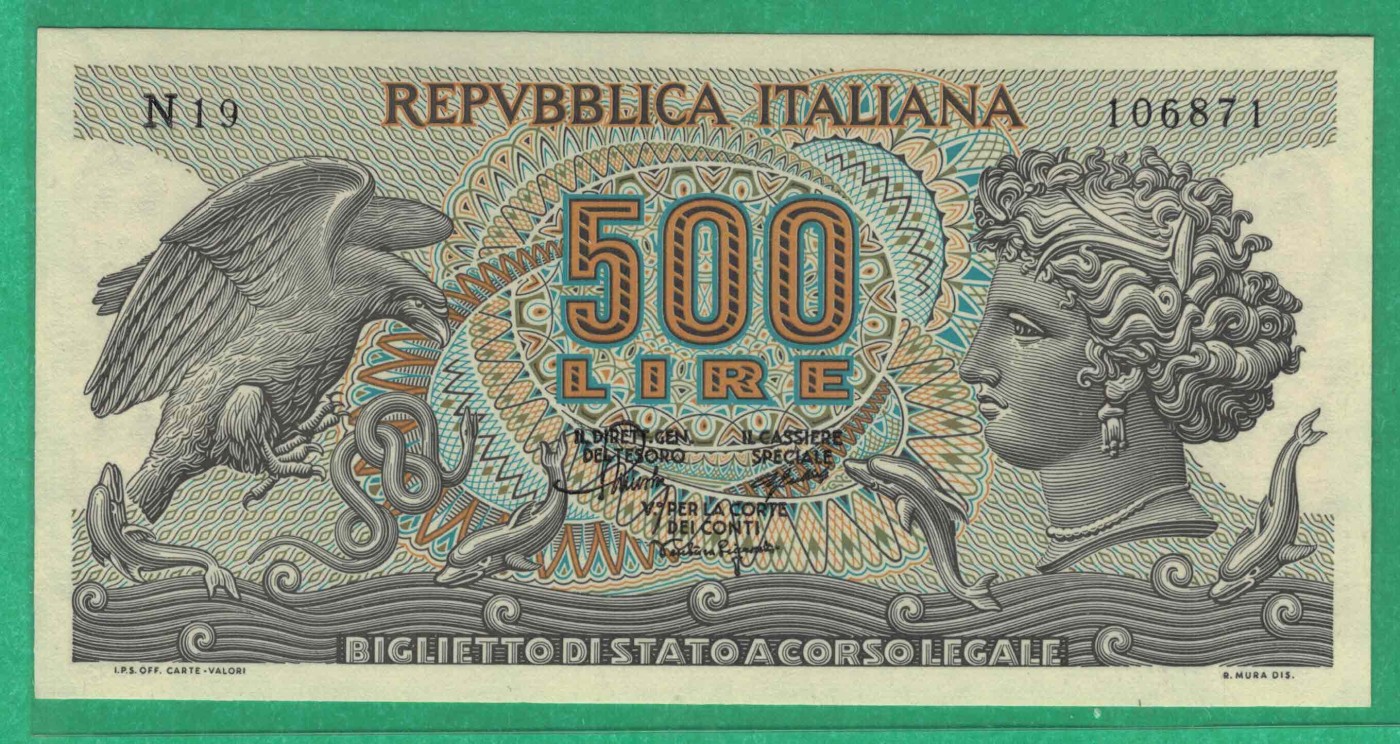 意大利1967年500里拉 仙女猎人阿瑞塞莎 P-93a 无4 实物图 UNC