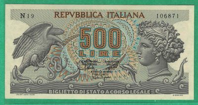意大利1967年500里拉 仙女猎人阿瑞塞莎 P-93a 无4 实物图 UNC - 意大利1967年500里拉 仙女猎人阿瑞塞莎 P-93a 无4 实物图 UNC