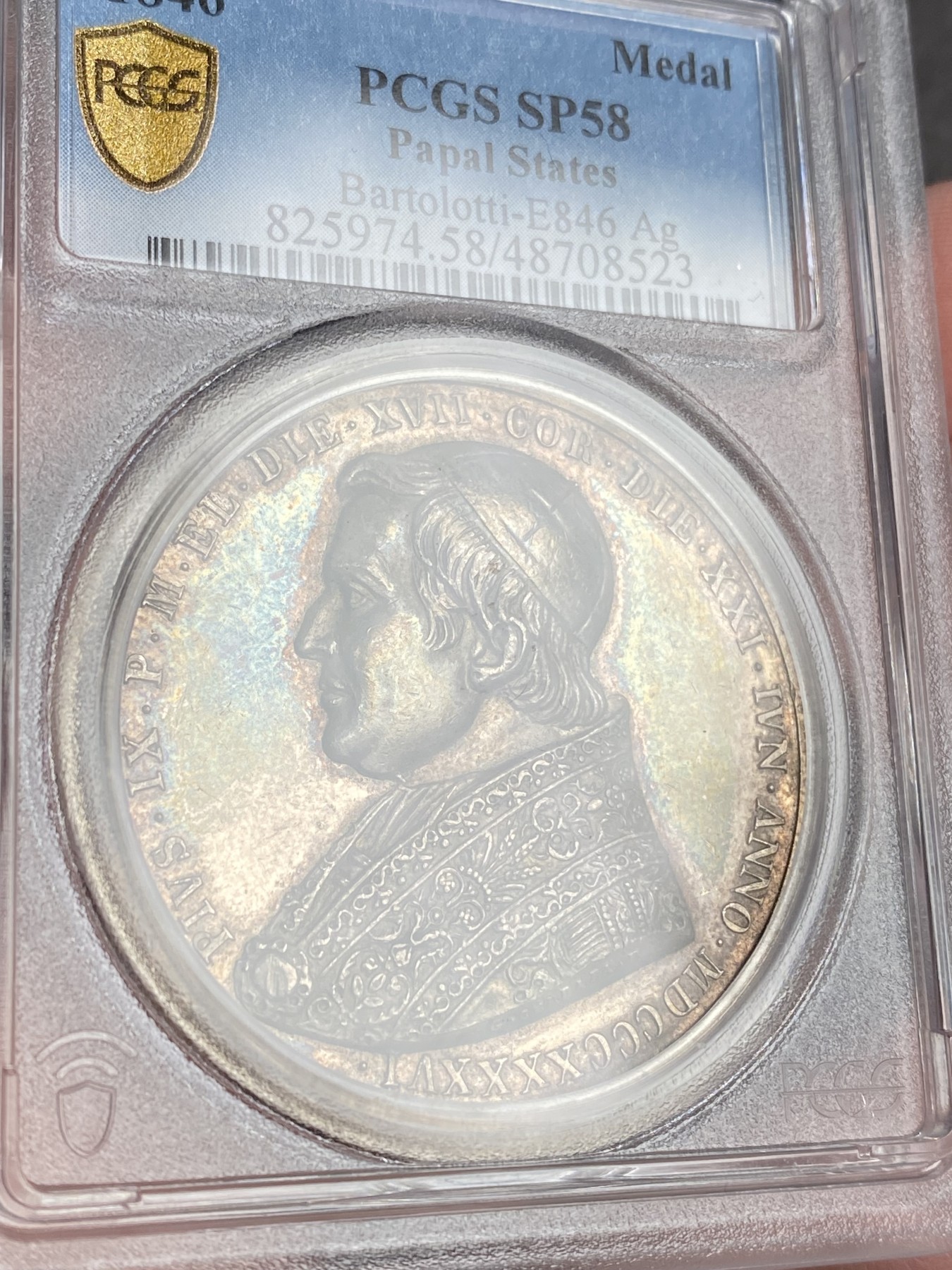万国钱币拍卖第024期（诸神之战） PCGS SP58 1846年教皇国庇护九世双圣纪念大银章 五彩高浮雕 早期教皇国大银章好品难得