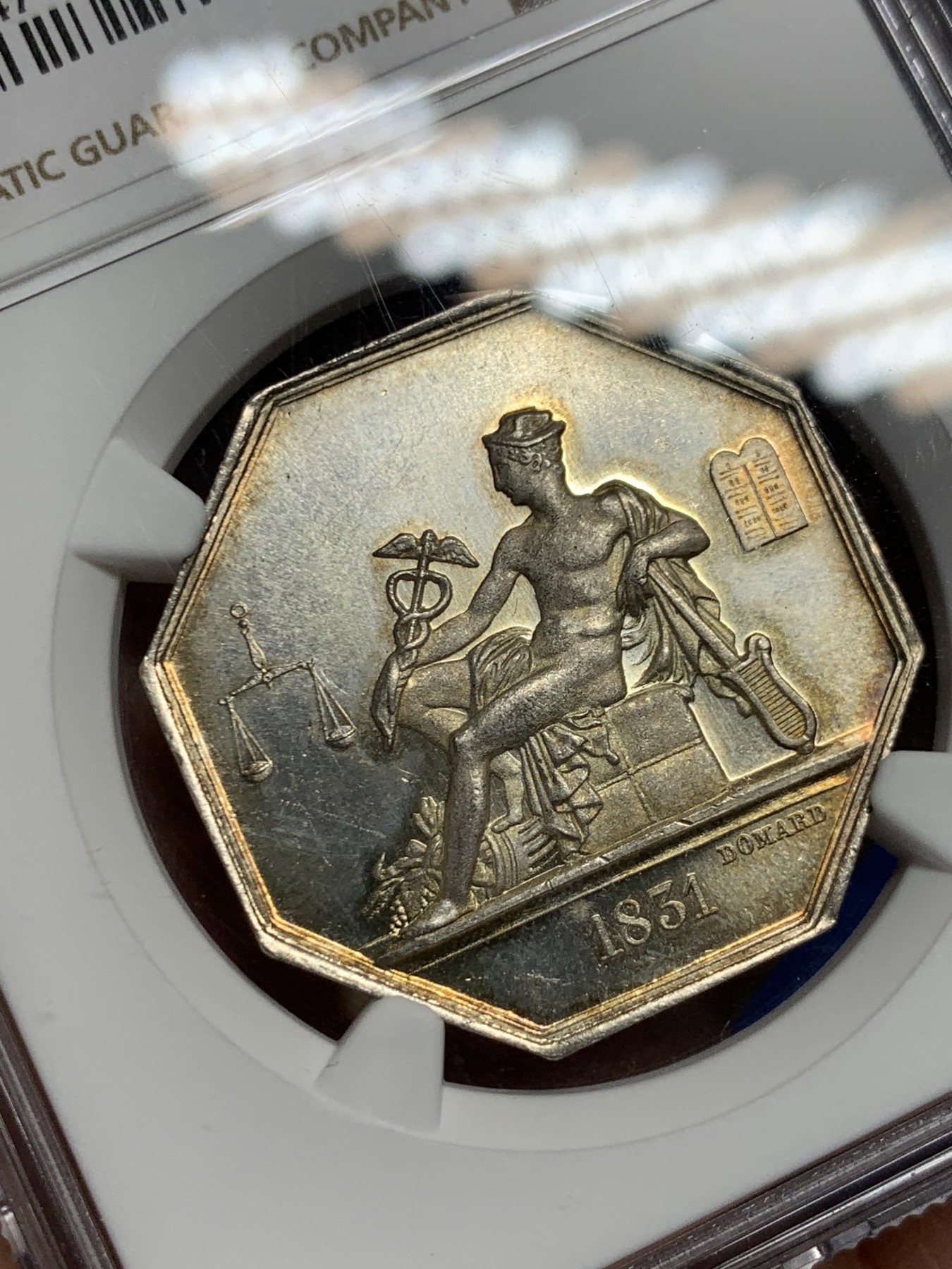 《竞宝斋》第262场-周日，周一，周二 3场连拍 (全场包邮) NGC MS63 法国1831鲁恩公证处八角银质代币，商业之神墨丘利，丰饶角边铭