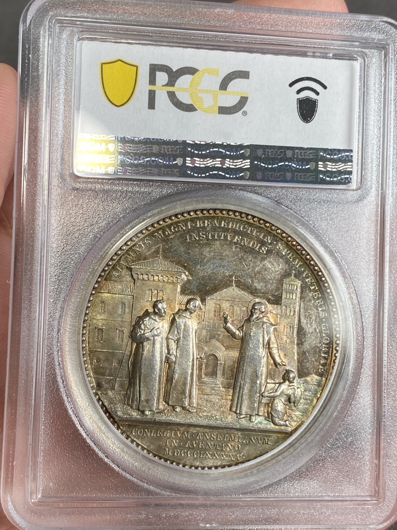 万国钱币拍卖第024期（诸神之战） PCGS SP62 1895年教皇国里奥十三世纪念阿文蒂诺安塞尔姆学院成立高浮雕大银章 43MM 36G 青金色五彩优美包浆 