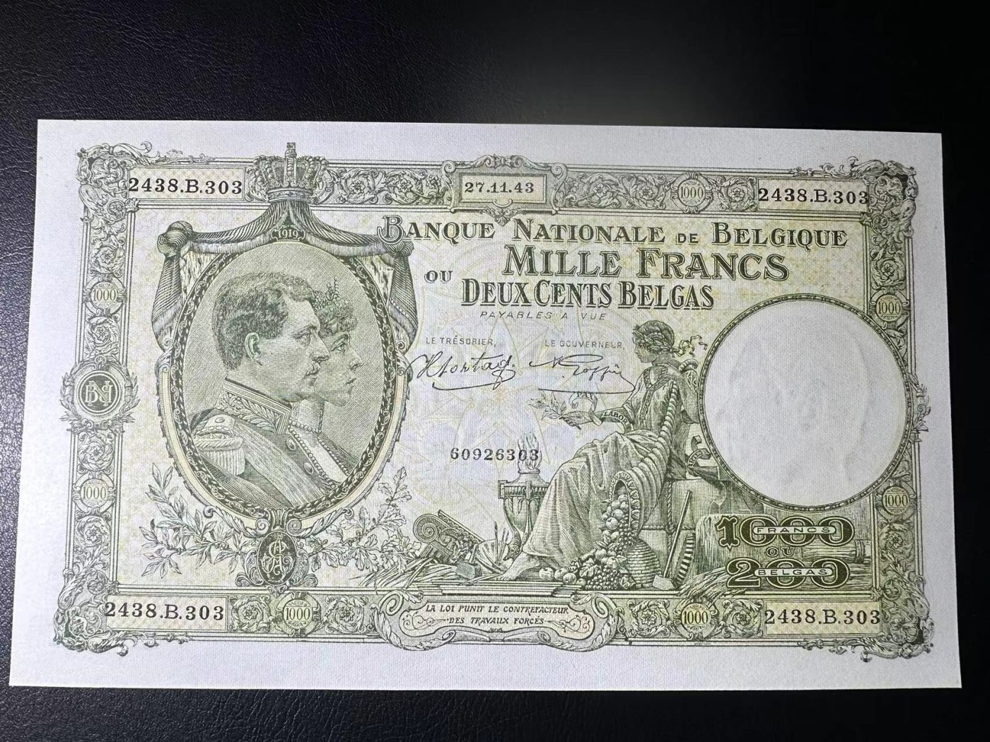 【Blue Auction】✨世界纸币精拍第466期【精】  比利时 1943年1000法郎 超大票幅 UNC-