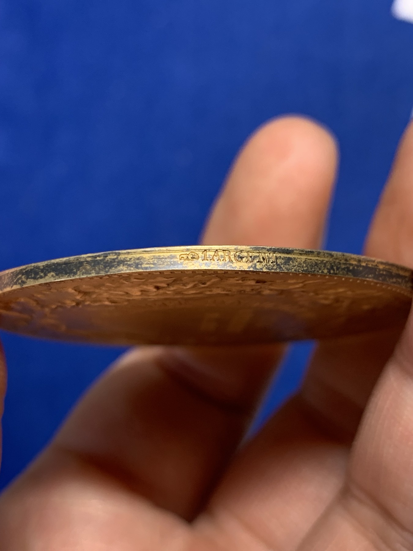 《竞宝斋》第262场-周日，周一，周二 3场连拍 (全场包邮) 1911年法国花环玛丽安娜 直径50.3mm 69g 大型镀金银章，实发银章，好品相。名家迪普伊(Dupuis)作品，丰饶角银标。配一个透明自制方盒，方便把玩。