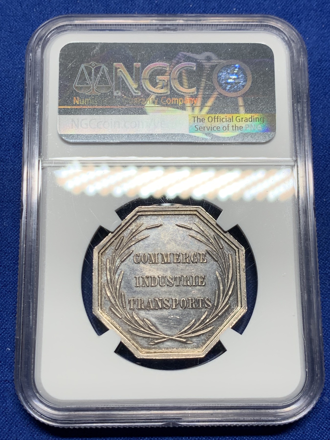 《竞宝斋》第262场-周日，周一，周二 3场连拍 (全场包邮) NGC MS62 法国1855内河航运八角银质代币