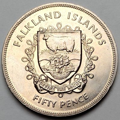 布加迪🐬～世界钱币🌾第 106 期 /  伊朗🇮🇷加拿大🇨🇦丹麦🇩🇰等各国散币 - 福克兰群岛 1977年 50便士 38.5mm 女王银婚纪念克朗币
