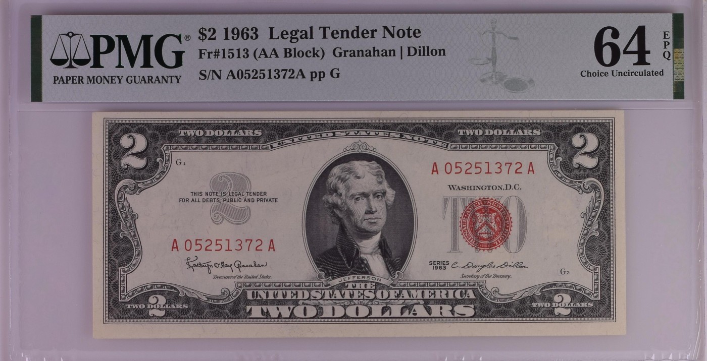 美元专场 AA首发冠A05251372A 2美元红库印战争券Legal Tender Note, $2 1963 Small Size