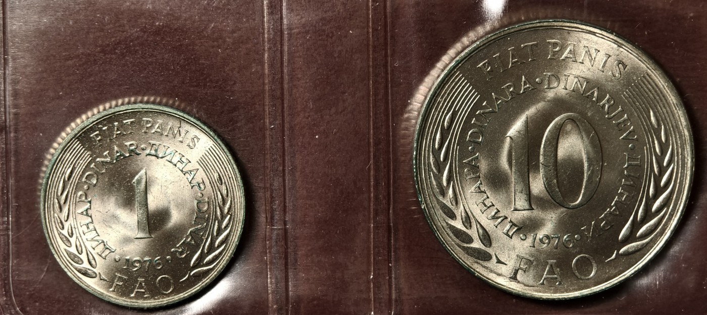 紫瑗钱币——第342期拍卖 南斯拉夫 1976年 世界粮农组织FAO 1 10第纳尔 UNC 纪念币 2枚套 原包装