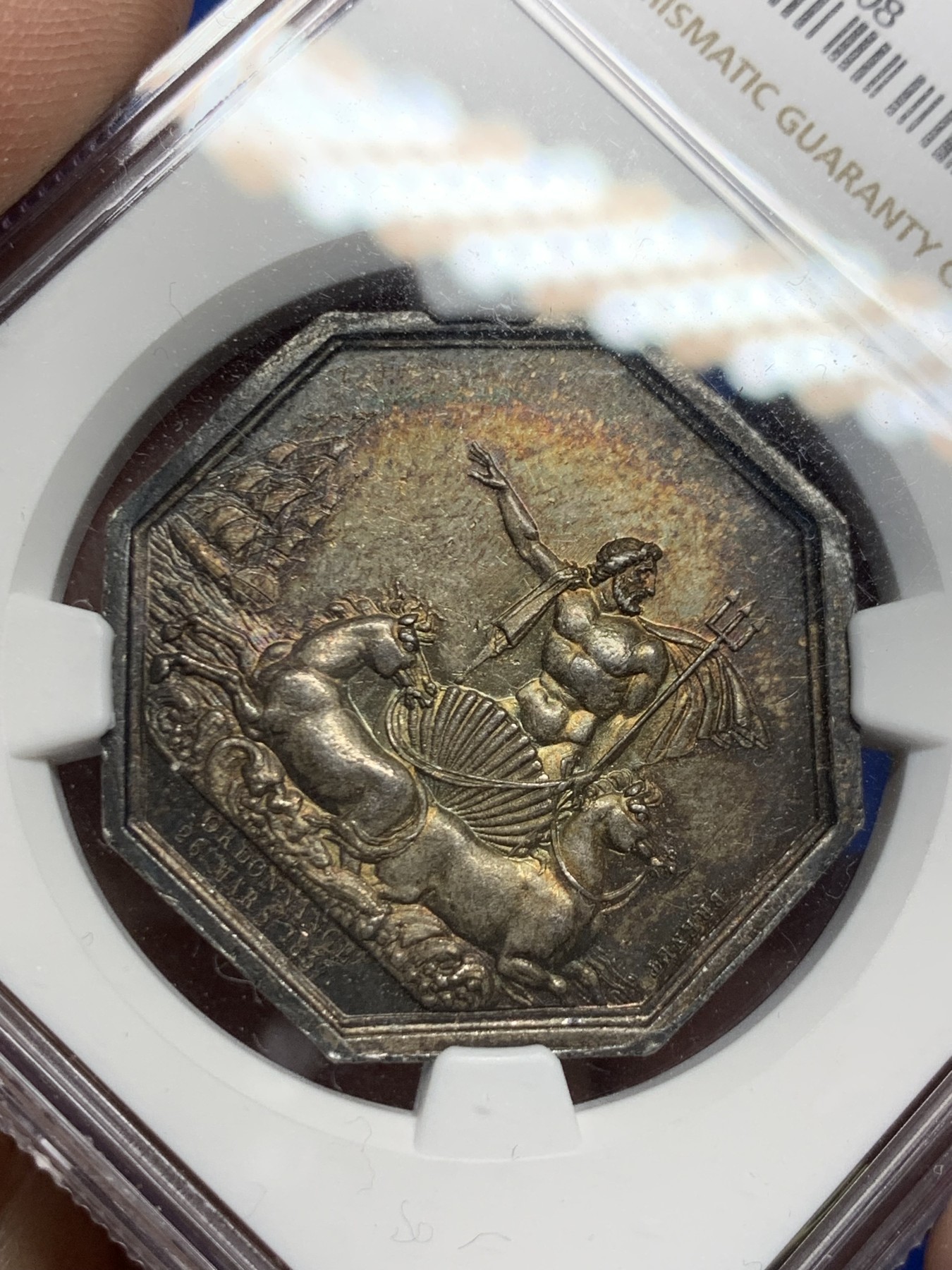 《竞宝斋》第262场-周日，周一，周二 3场连拍 (全场包邮) NGC-MS61 法国名誉品海王八角银质代币，海洋保险公司，手持三叉戟的霸气波塞冬与他的坐骑