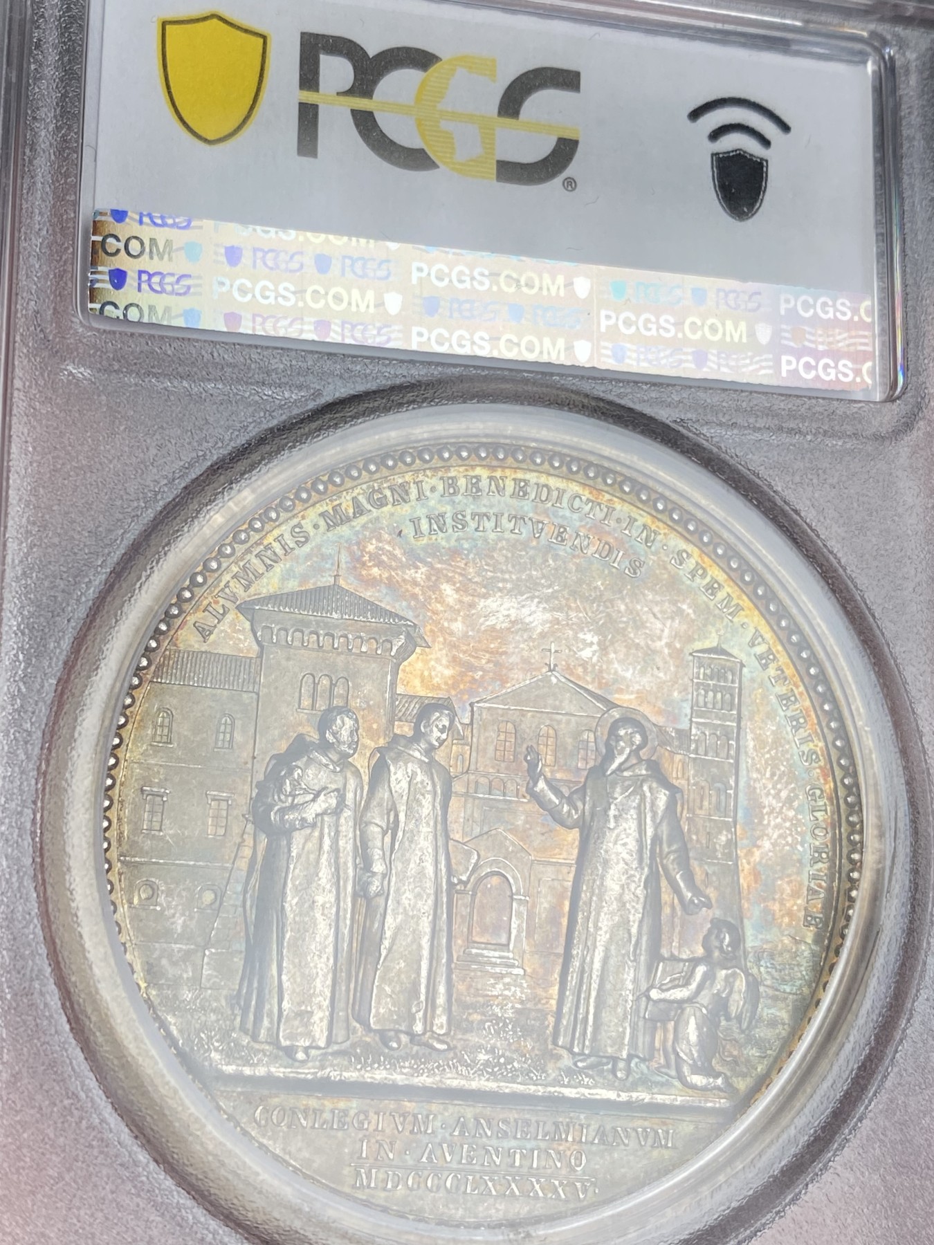万国钱币拍卖第024期（诸神之战） PCGS SP62 1895年教皇国里奥十三世纪念阿文蒂诺安塞尔姆学院成立高浮雕大银章 43MM 36G 青金色五彩优美包浆 