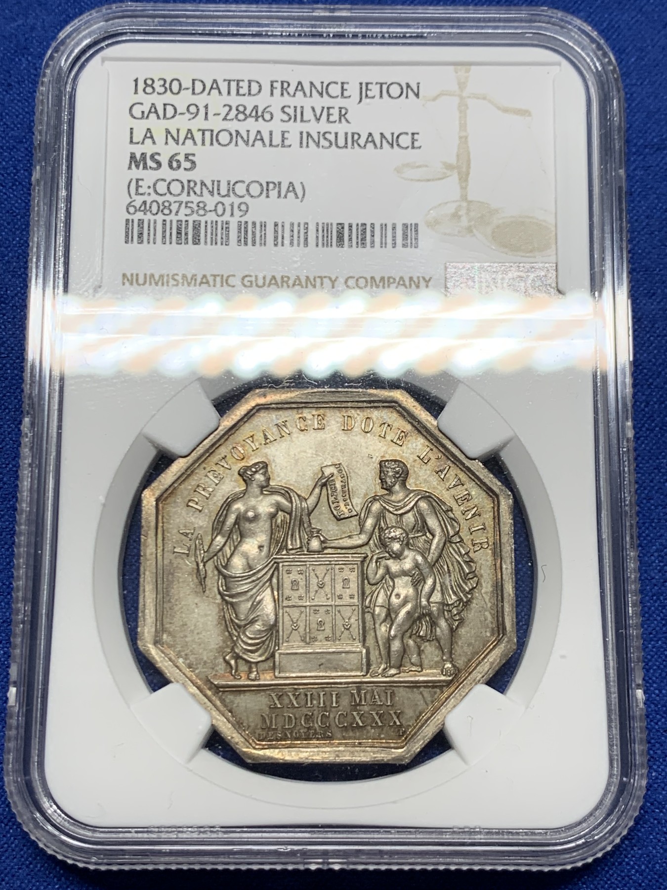 《竞宝斋》第262场-周日，周一，周二 3场连拍 (全场包邮) NGC MS65 法国国家火灾保险公司八角银质jeton，高分好品