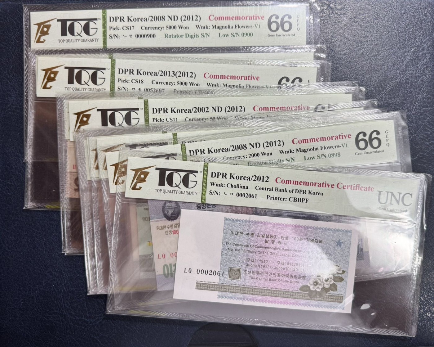 收藏联盟Quantum Auction 第340期拍卖  朝鲜2012年5-5000元金日成诞辰100周年纪念（含证书） TQG 65-66 GEPQ/D 多数为百位号 个别全同号，倒置号 细节如图