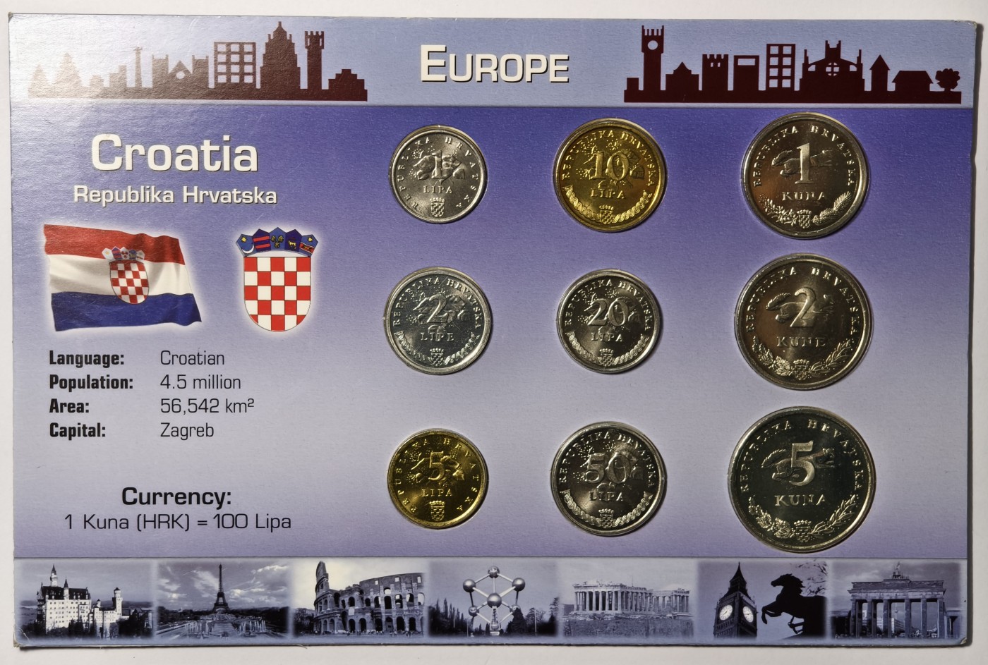 紫瑗钱币——第342期拍卖 克罗地亚 欧元之前 流通硬币 9枚套 带说明书 UNC