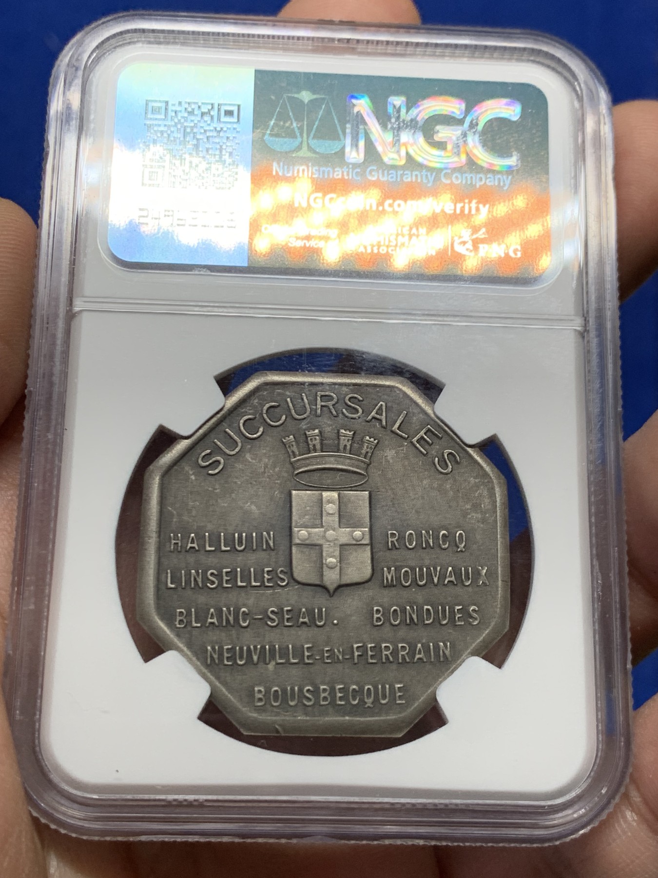 《竞宝斋》第262场-周日，周一，周二 3场连拍 (全场包邮) NGC MS63 法国1947图尔昆储蓄银行八角银质代币，大型少见