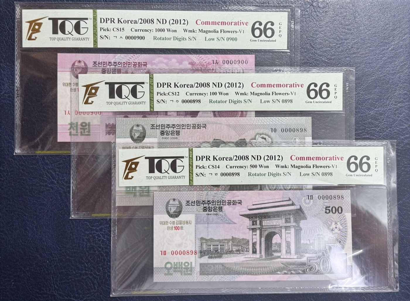 收藏联盟Quantum Auction 第340期拍卖  朝鲜2012年5-5000元金日成诞辰100周年纪念（含证书） TQG 65-66 GEPQ/D 多数为百位号 个别全同号，倒置号 细节如图