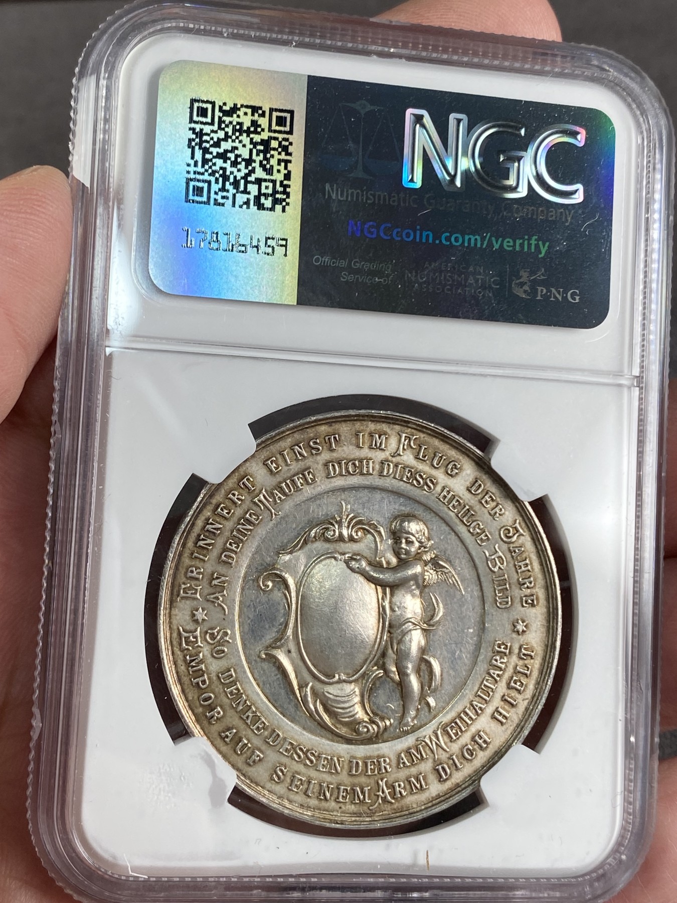 万国钱币拍卖第024期（诸神之战） NGC MS63 19世纪德国洗礼纪念大银章 正面为耶稣在约旦河受洗 背面小天使手持盾徽 购于萨尔茨堡一线币商