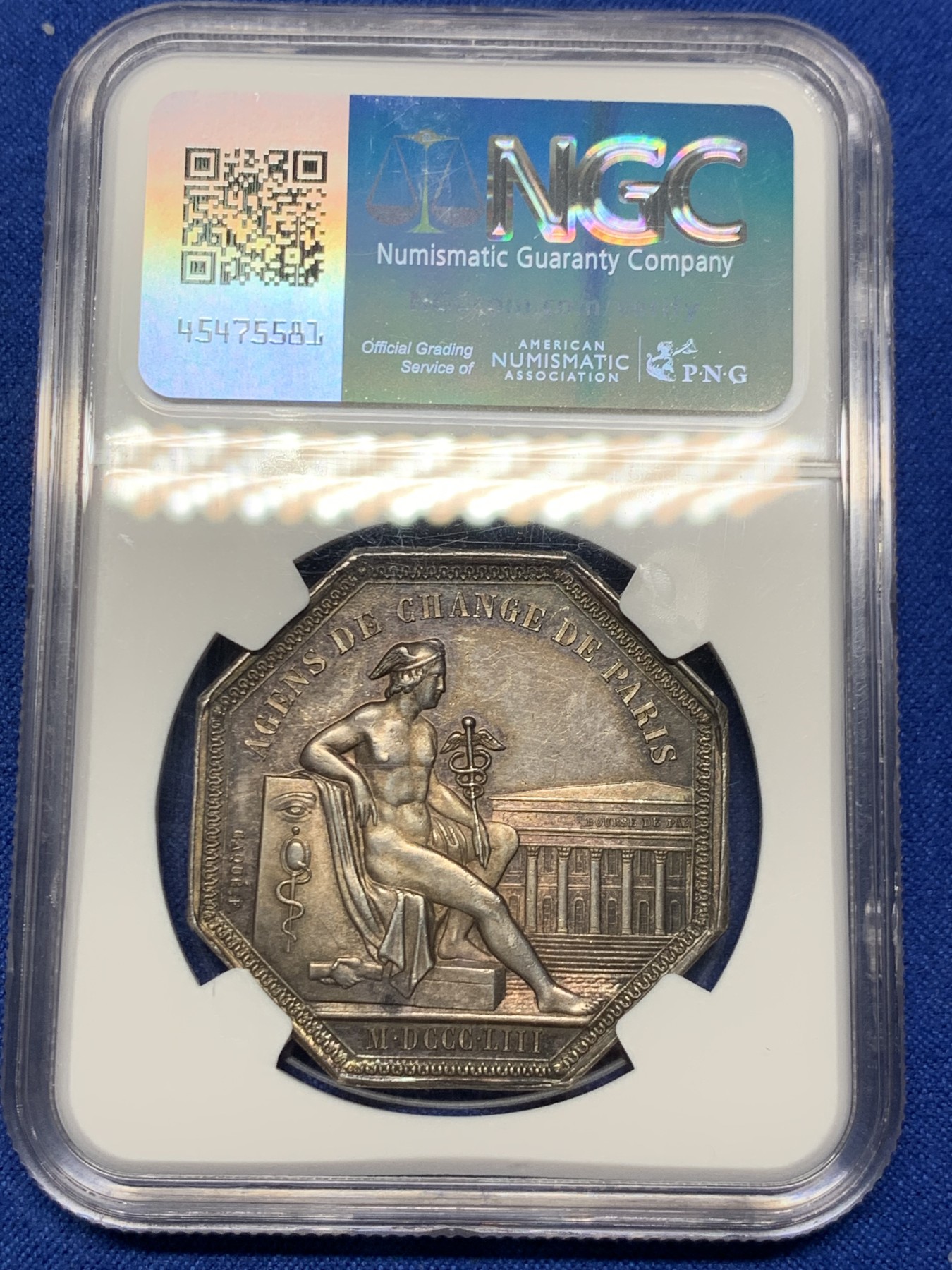 《竞宝斋》第262场-周日，周一，周二 3场连拍 (全场包邮) NGC-MS62 法国1853年拿破仑三世 巴黎证券交易所八角银质代币