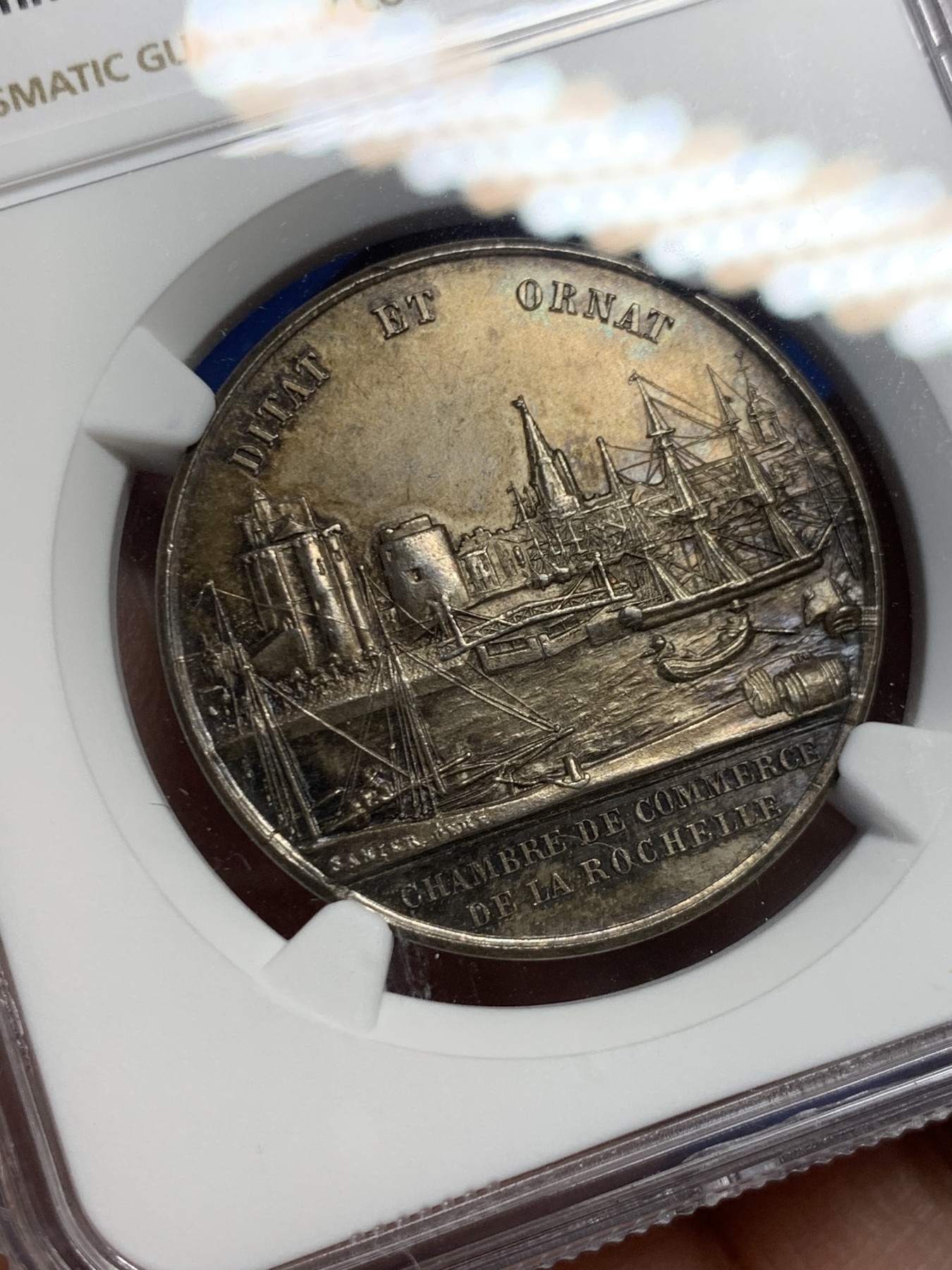 《竞宝斋》第262场-周日，周一，周二 3场连拍 (全场包邮) NGC MS63 法国拉罗谢尔商会银质jeton，港口帆樯如云