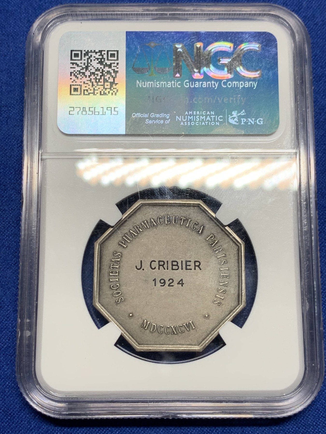 《竞宝斋》第262场-周日，周一，周二 3场连拍 (全场包邮) NGC MS64 法国1924药剂学八角银质代币，正面健康女神海吉亚