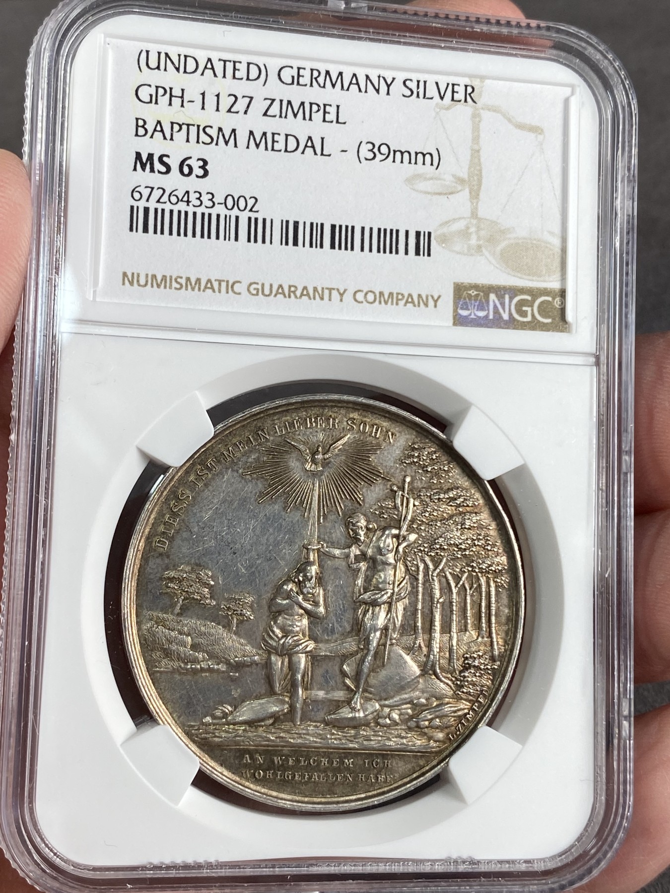 万国钱币拍卖第024期（诸神之战） NGC MS63 19世纪德国洗礼纪念大银章 正面为耶稣在约旦河受洗 背面小天使手持盾徽 购于萨尔茨堡一线币商