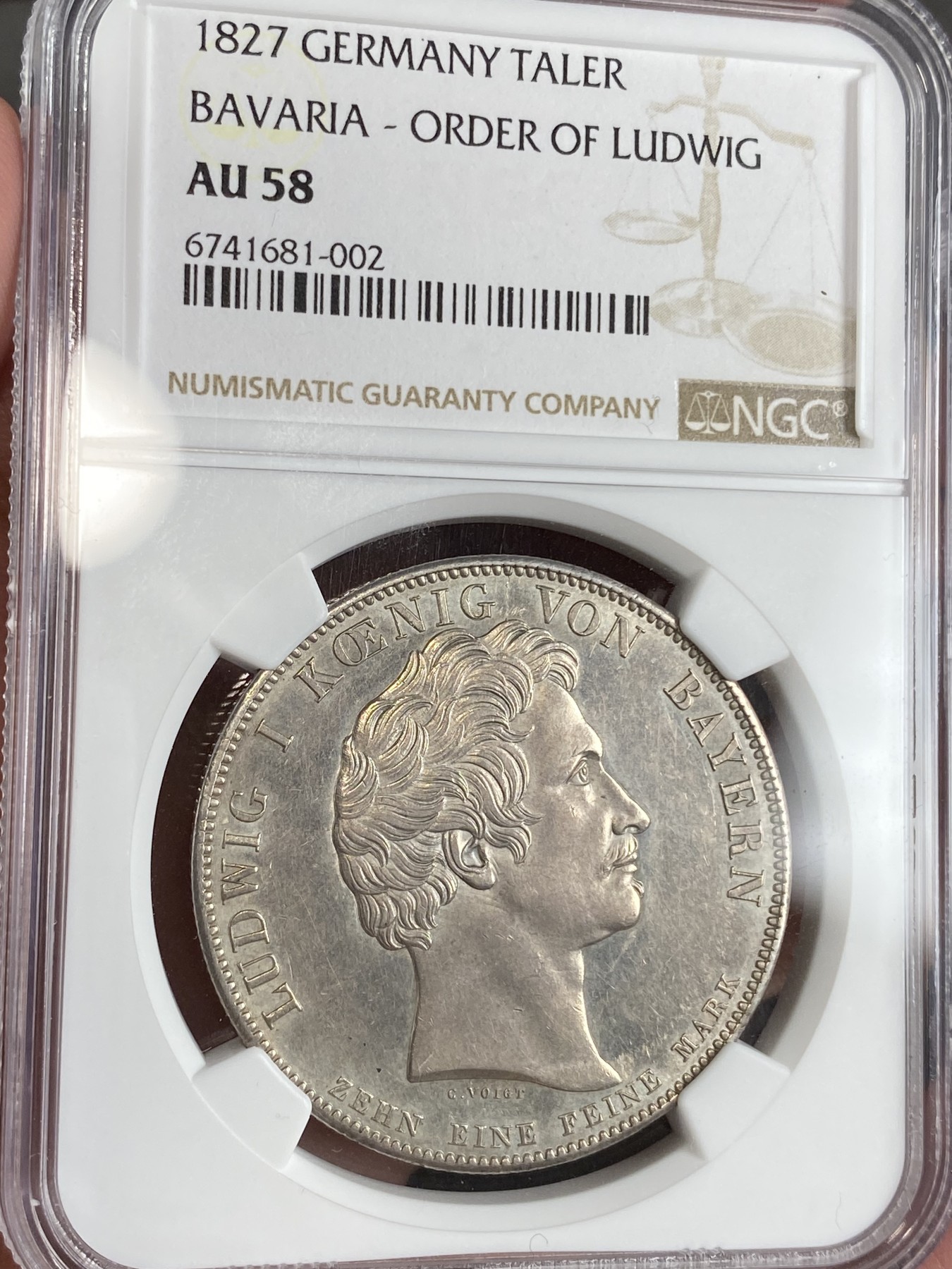 万国钱币拍卖第024期（诸神之战） NGC AU58 1827年德国巴伐利亚路德维希一世勋章1泰勒大泰勒 相较同年的圣米歇尔勋章和特蕾西娅勋章泰勒好品要相对少很多
