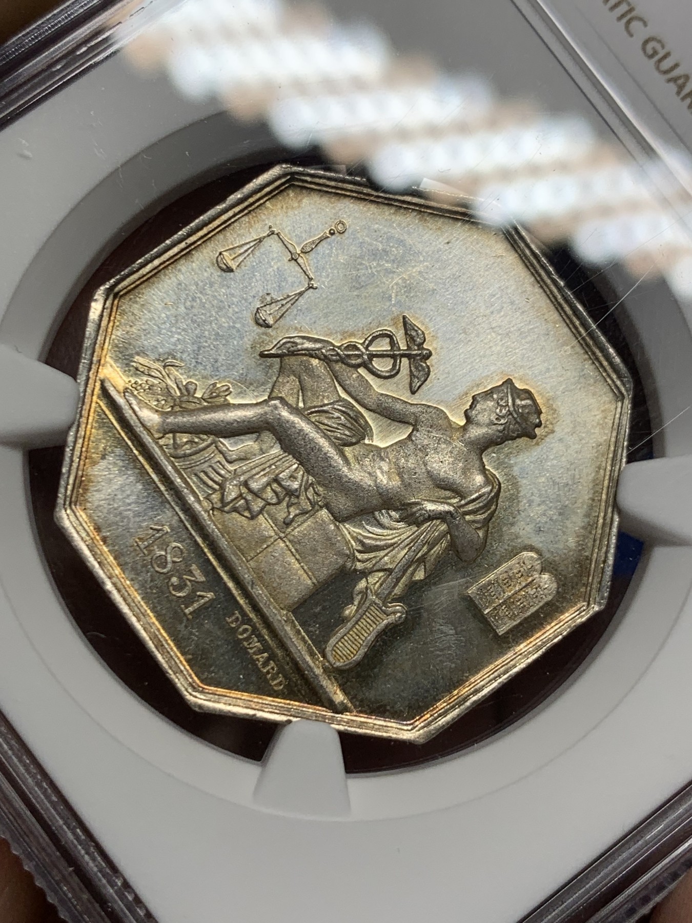 《竞宝斋》第262场-周日，周一，周二 3场连拍 (全场包邮) NGC MS63 法国1831鲁恩公证处八角银质代币，商业之神墨丘利，丰饶角边铭