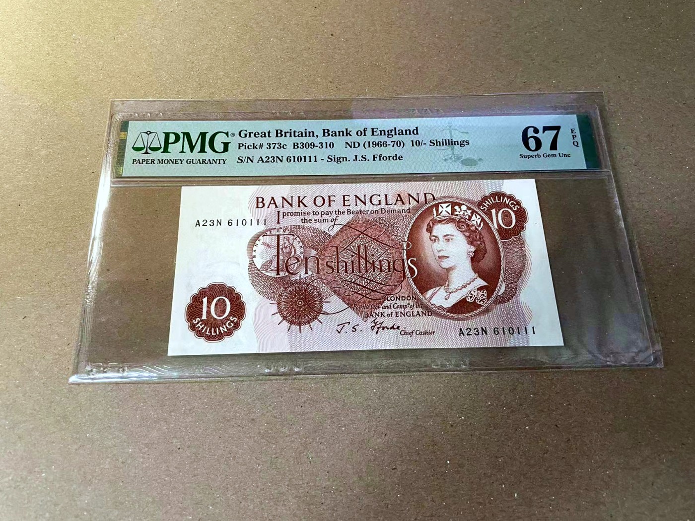 【Blue Auction】✨世界纸币精拍第466期【精】 【111豹子号 倒置号】英国 C序列 1966-70年10先令 PMG67EPQ 高分