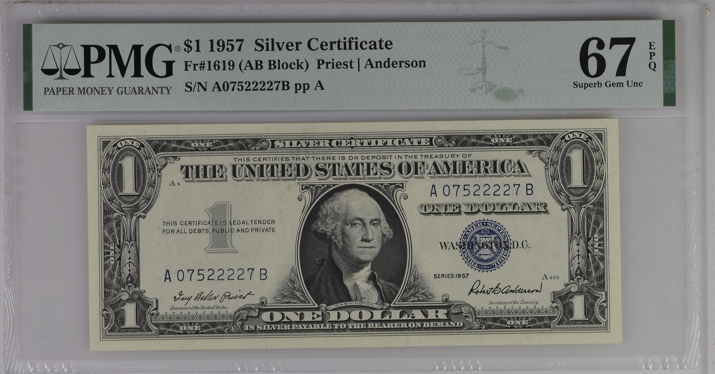 美元专场 狮子身序列号:A07522227B 1美元蓝库印银圆券Silver Certificate, $1 1957 Small Size
