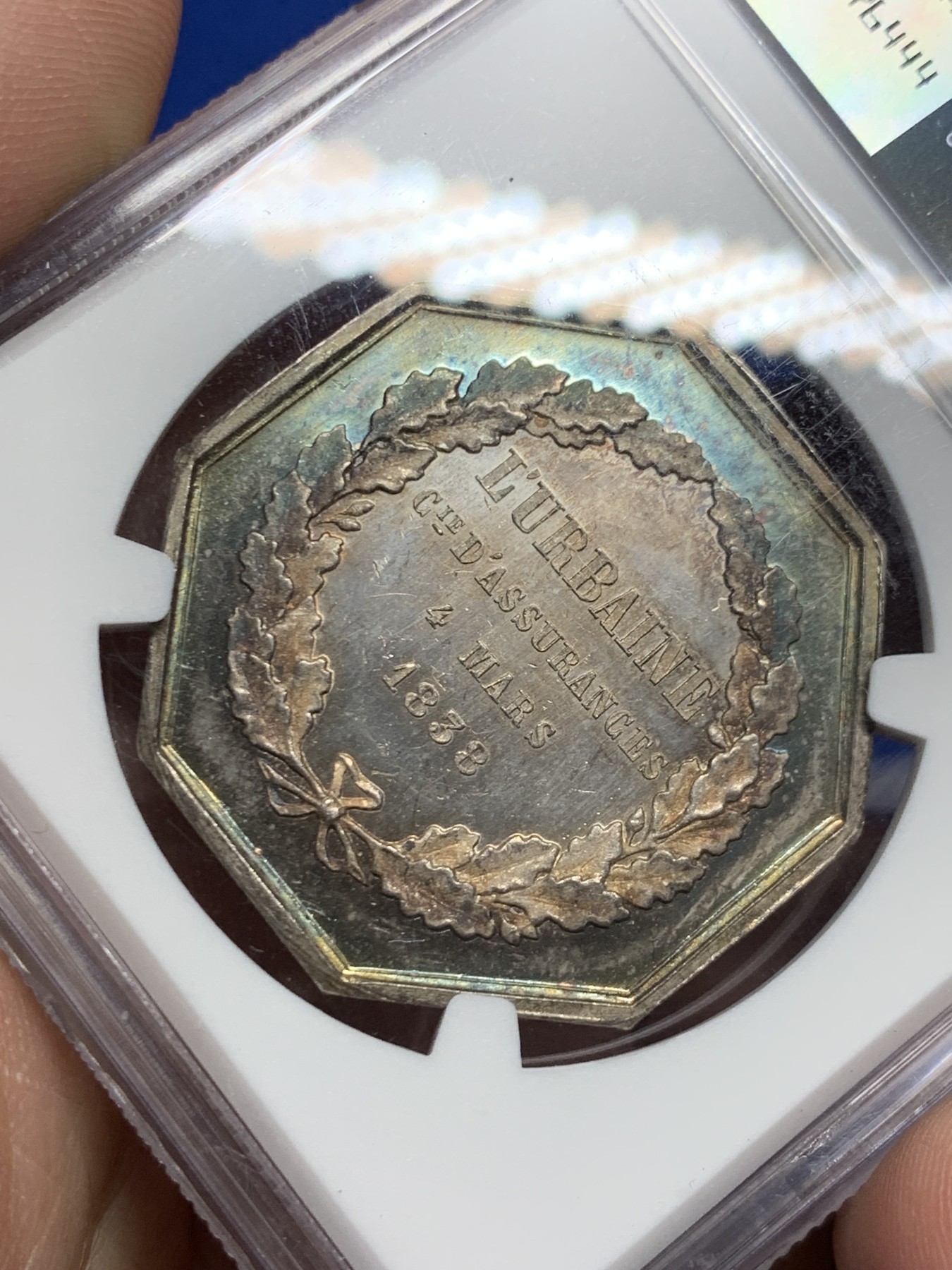 《竞宝斋》第262场-周日，周一，周二 3场连拍 (全场包邮) NGC MS62 法国1838城堡皇冠八角银质代币，五彩镜面低评，蜜蜂边铭