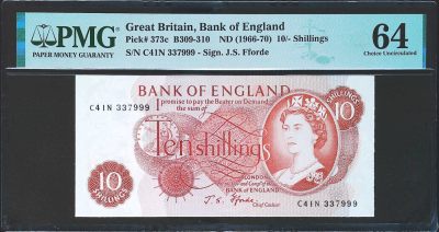 世界靓号纸钞第四十五期 - 1966-1970年英国10先令 豹子号999 PMG64