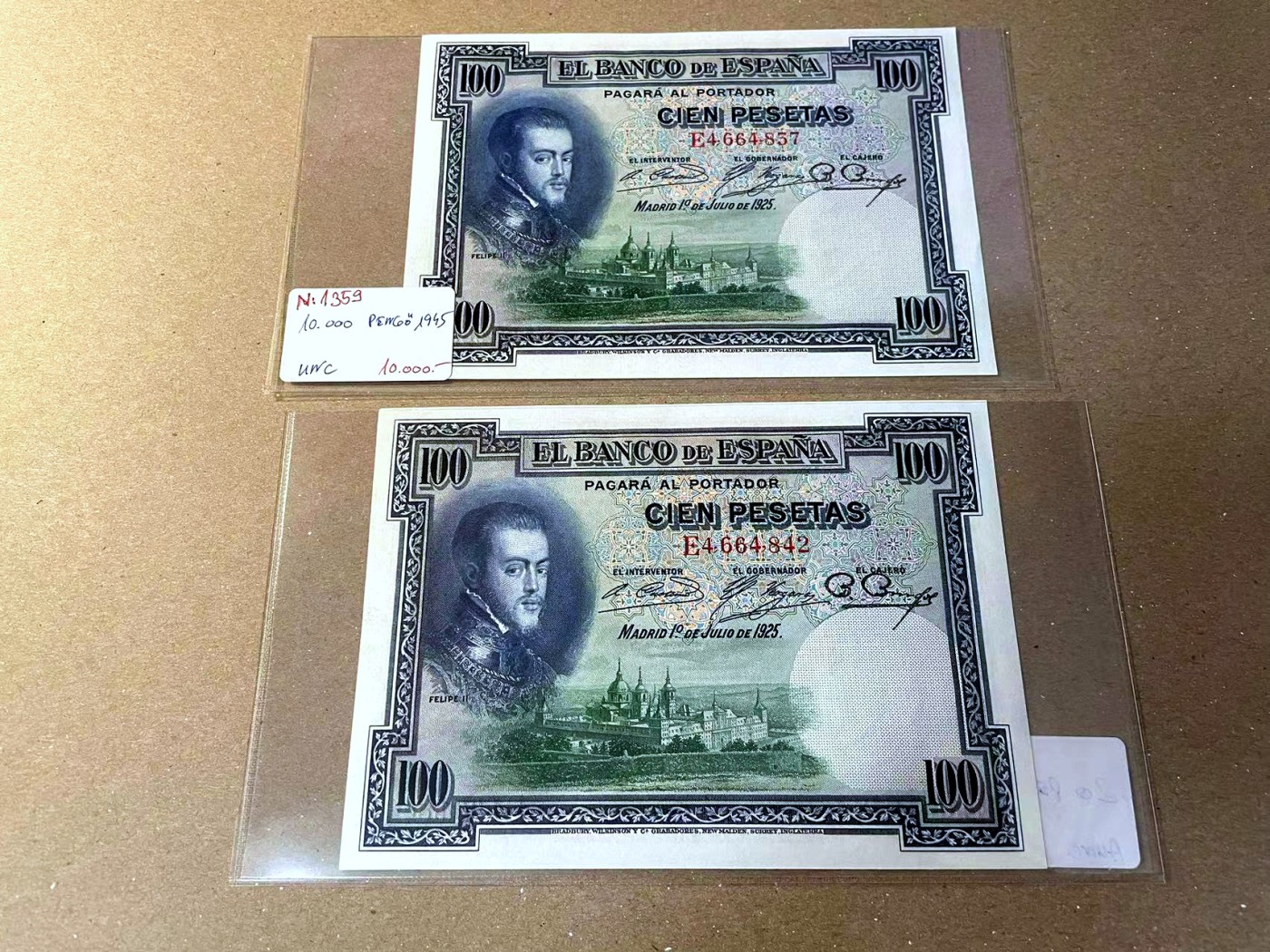 【Blue Auction】✨世界纸币精拍第466期【精】 【一组2张】西班牙 1925年100比塞塔 全新UNC