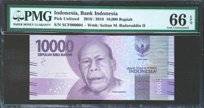 世界靓号纸钞第四十五期 - 2018年印度西尼亚10000卢比 靓号小号4号 PMG66 
