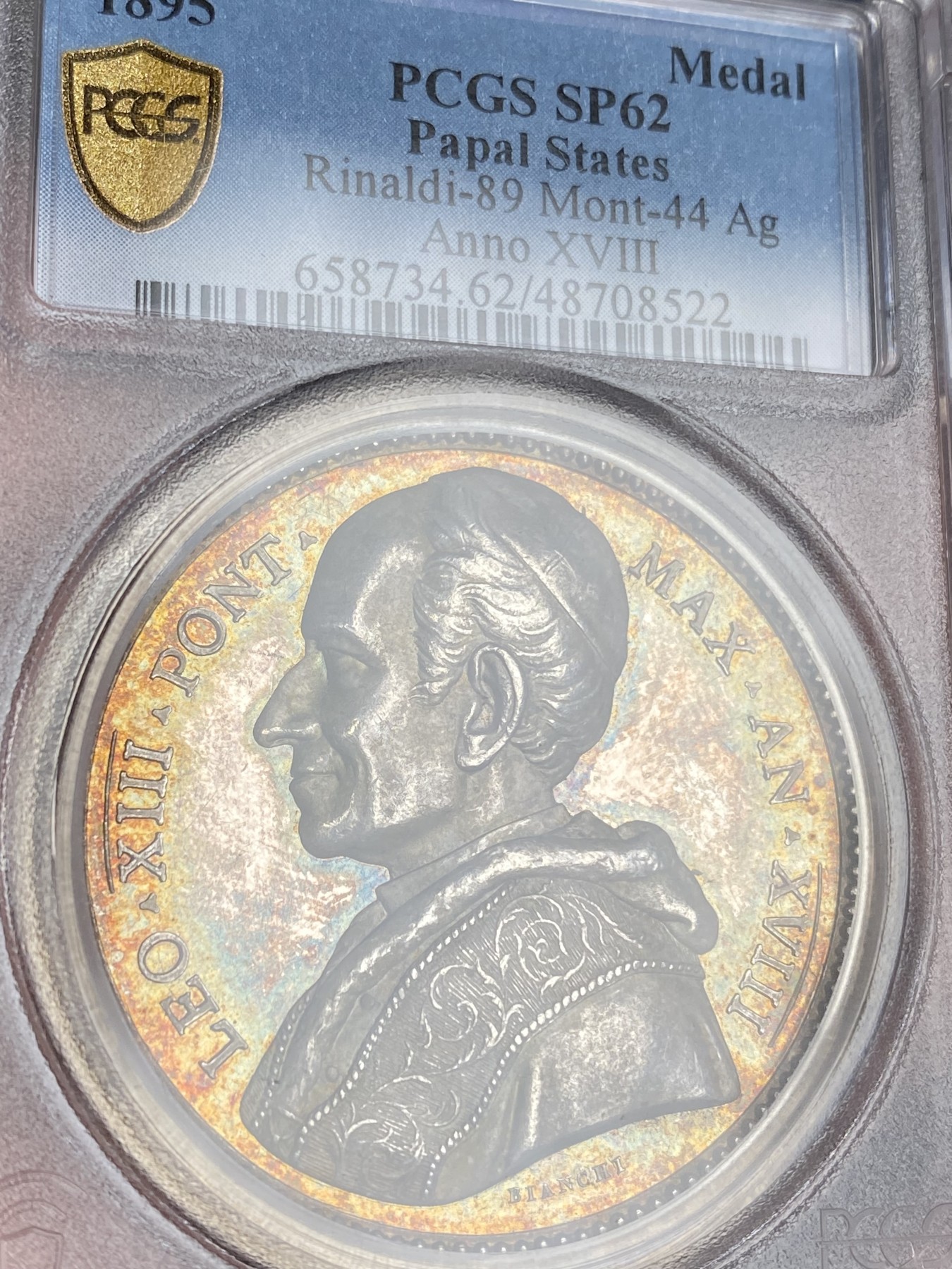 万国钱币拍卖第024期（诸神之战） PCGS SP62 1895年教皇国里奥十三世纪念阿文蒂诺安塞尔姆学院成立高浮雕大银章 43MM 36G 青金色五彩优美包浆 