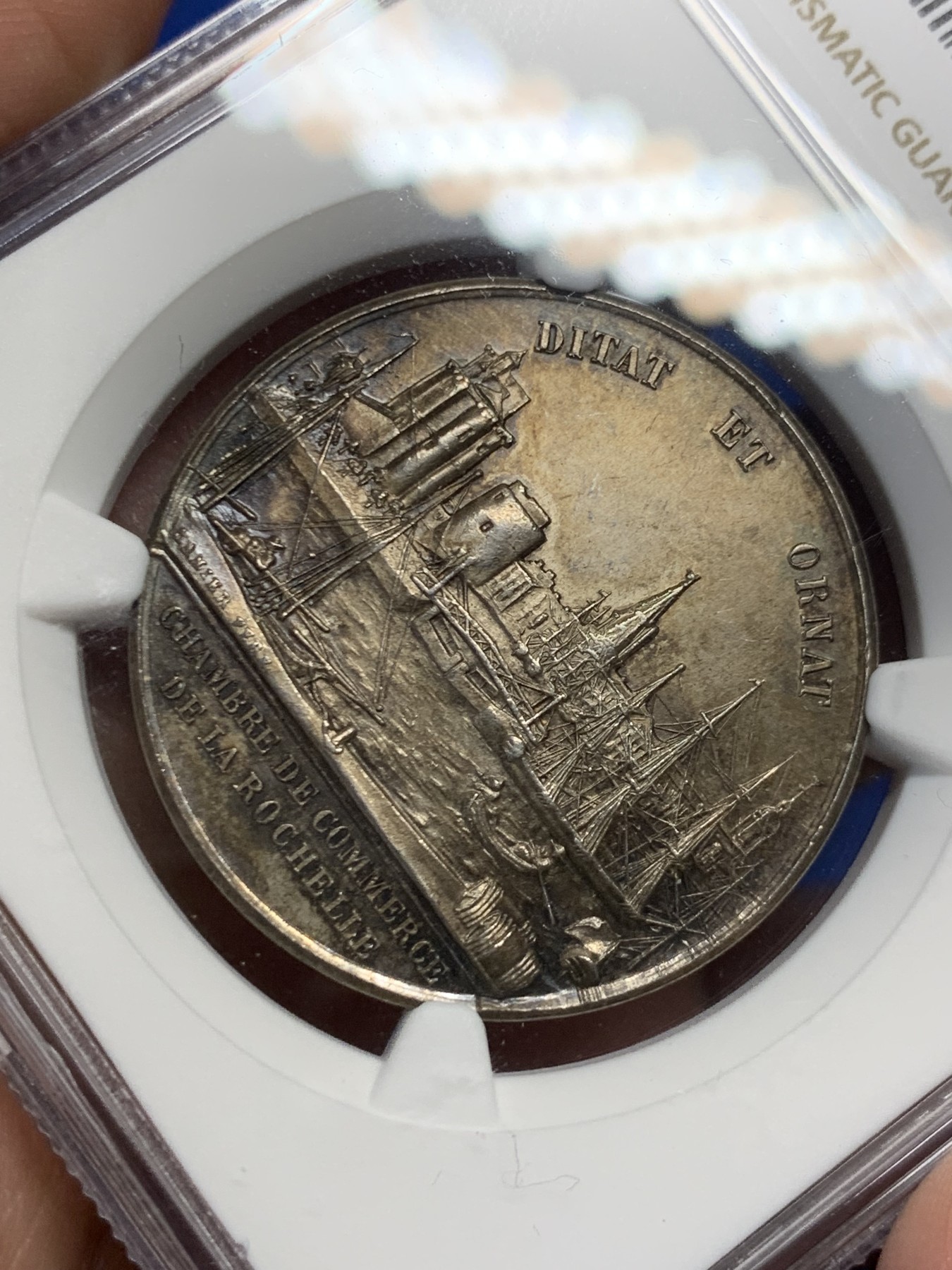 《竞宝斋》第262场-周日，周一，周二 3场连拍 (全场包邮) NGC MS63 法国拉罗谢尔商会银质jeton，港口帆樯如云